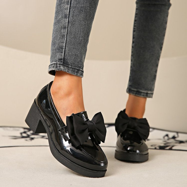 Women's Plus Size Bowknot Leather Shoes with Chunky Heel Platform