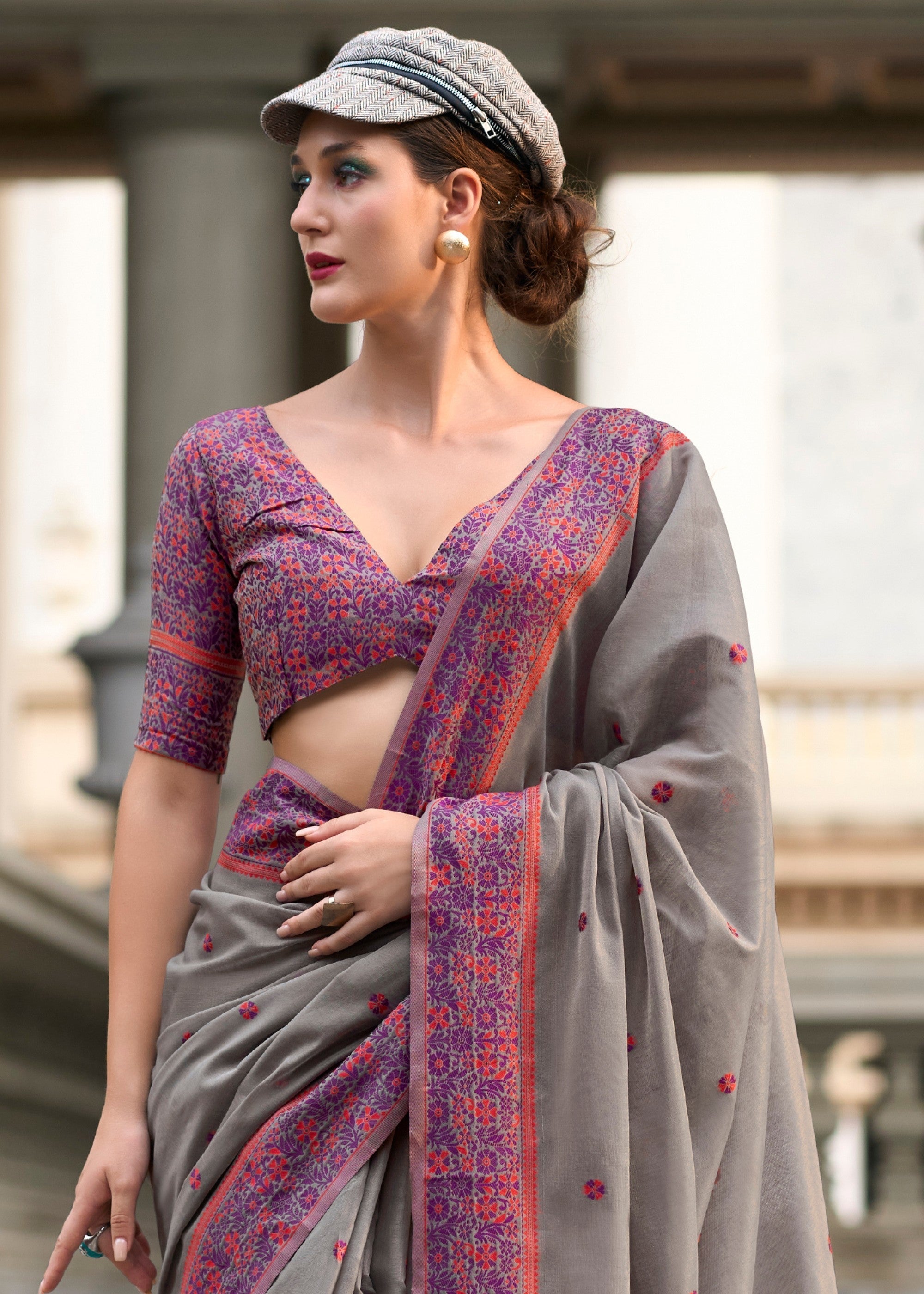 Pebble Grey Soft Linen Cotton Silk Saree - qivii