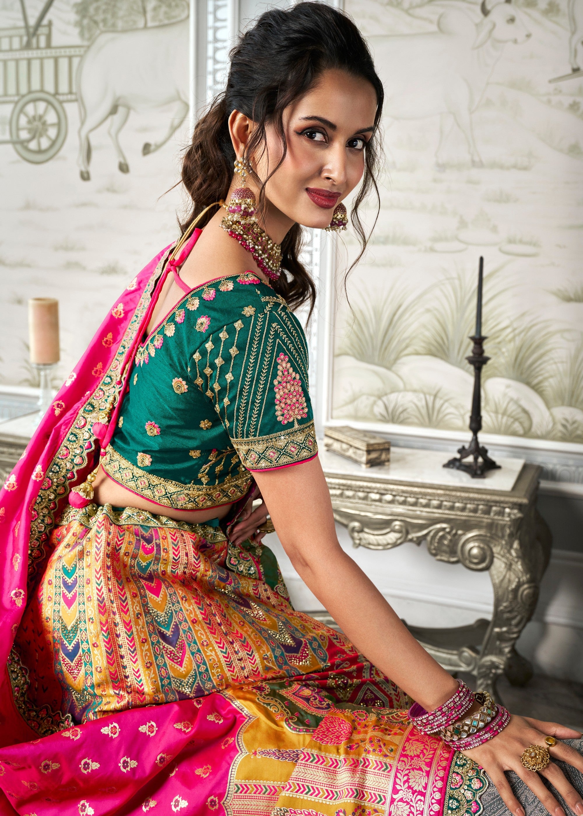 Hot Pink & Green Banarasi Silk Lehenga with Zarkan Codding work | Ready To Wear - qivii