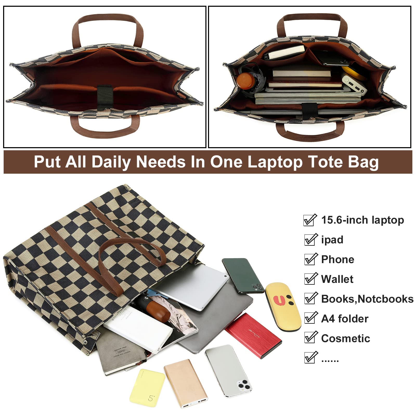 Ounamei Checkered Canvas Work Tote | Zippered Laptop Shoulder & Crossbody Bag (15.6–16”)