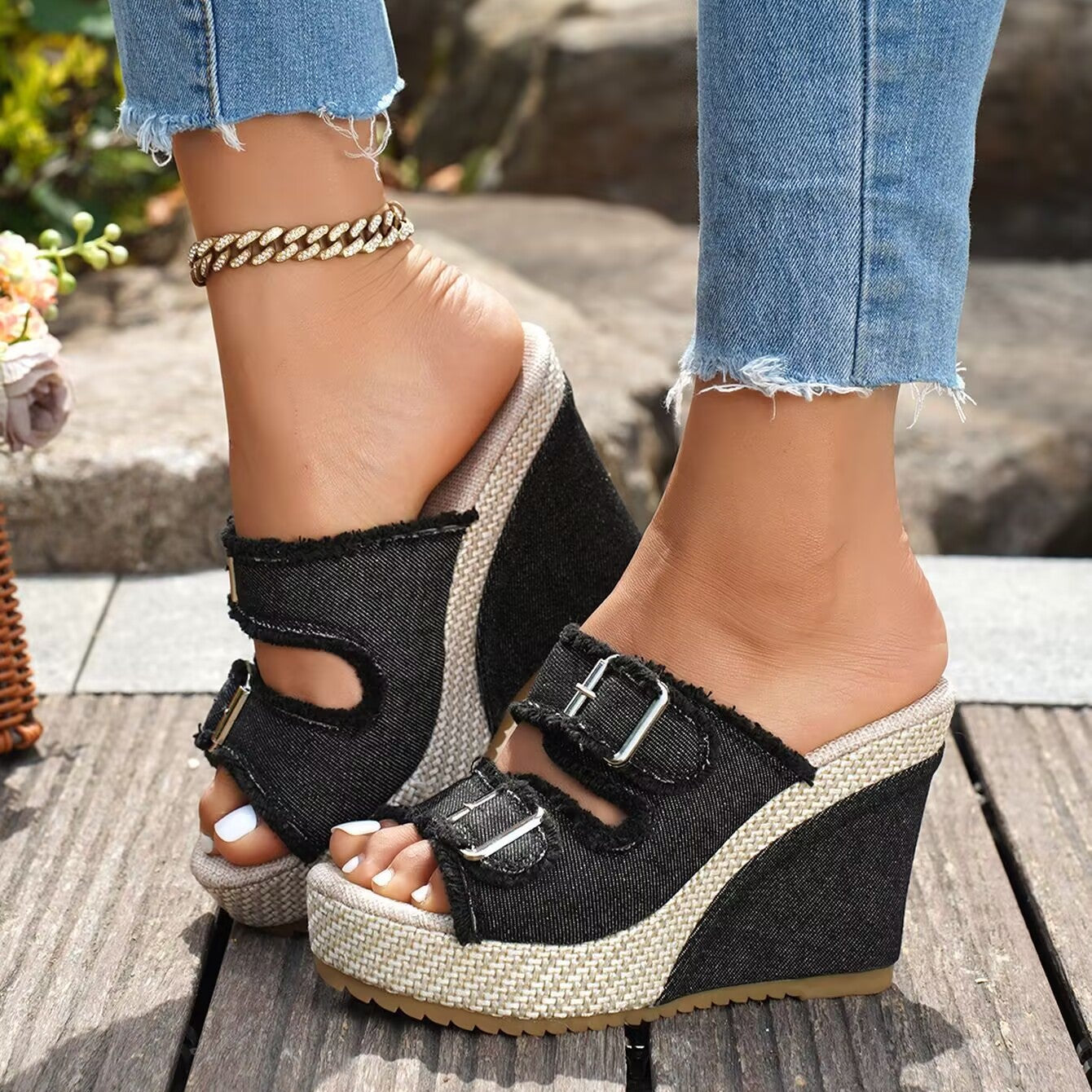 Women’s Denira Denim Peep-Toe Wedge Slide Sandals – Buckle Strap Platform Chic Summer Slides (US 5–10.5)