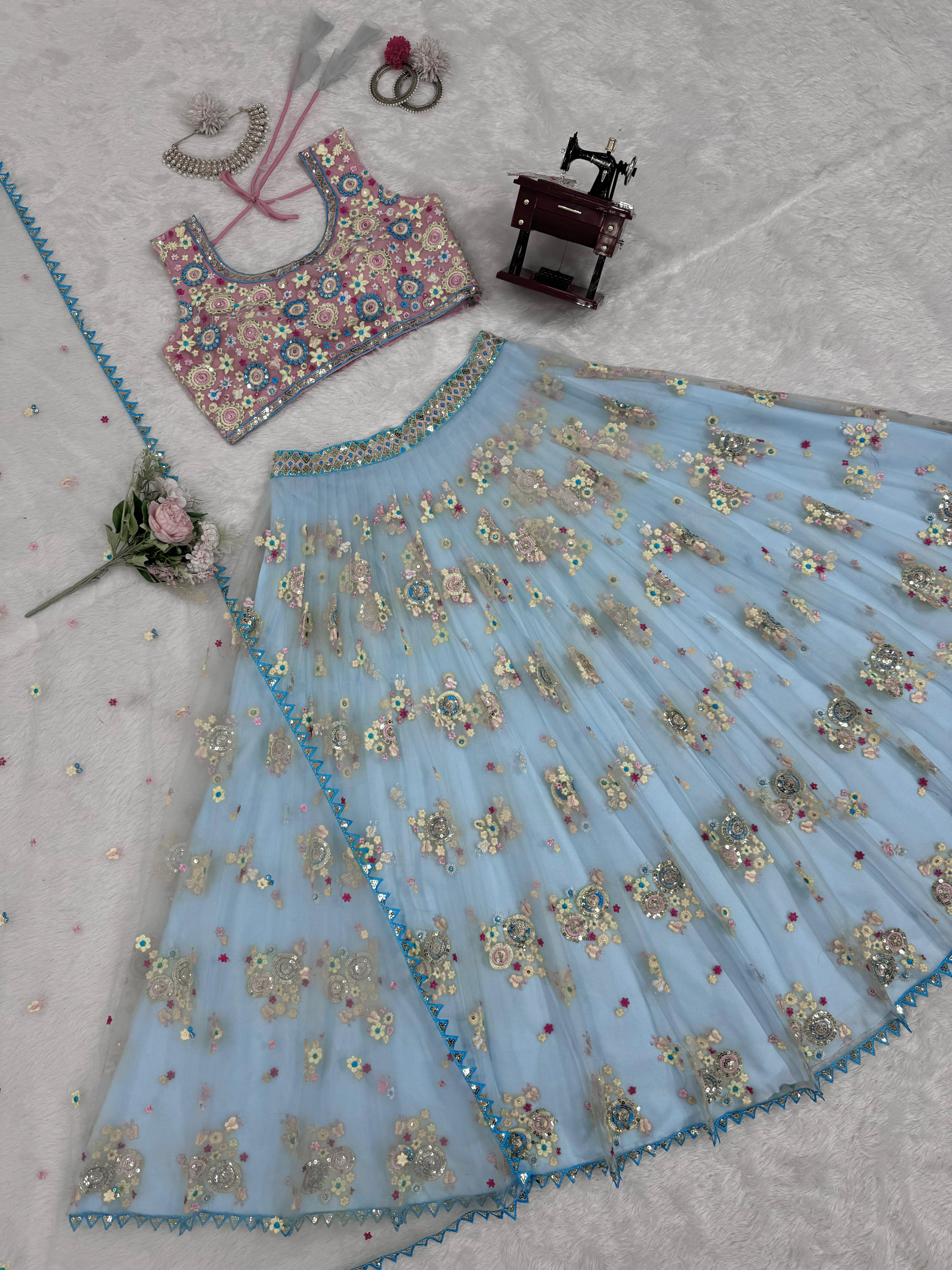Sky Blue Butterfly net Thread with Sequnce Lehenga Choli - INSPIRED | Ready To Wear - qivii