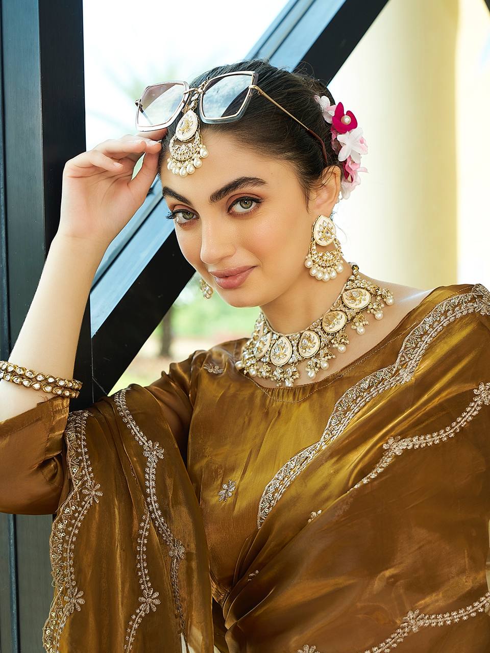 MEHENDI SILK WITH SEQUENCE EMBROIDERY DESIGN WORK SAREE - INSPIRED - qivii