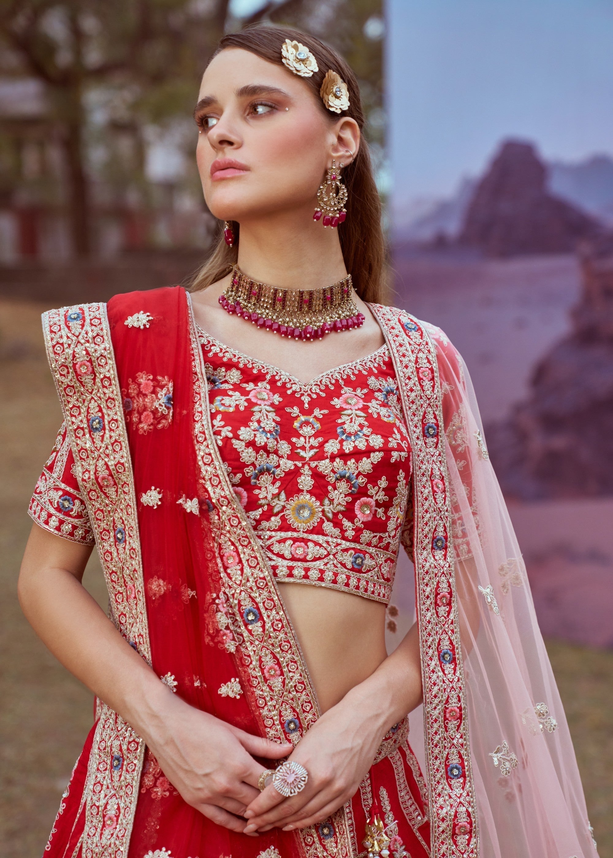 Red Pure silk Moti, Sequins embroidery Bridal Lehenga | Ready To Wear - qivii