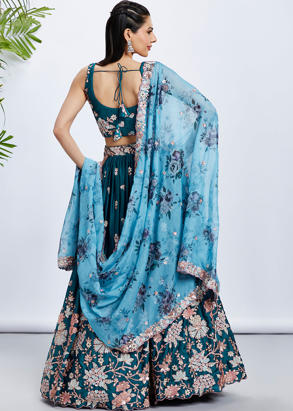 Teal Blue Georgette Lehenga Choli with Sequins & Thread Embroidery work | Ready To Wear - qivii