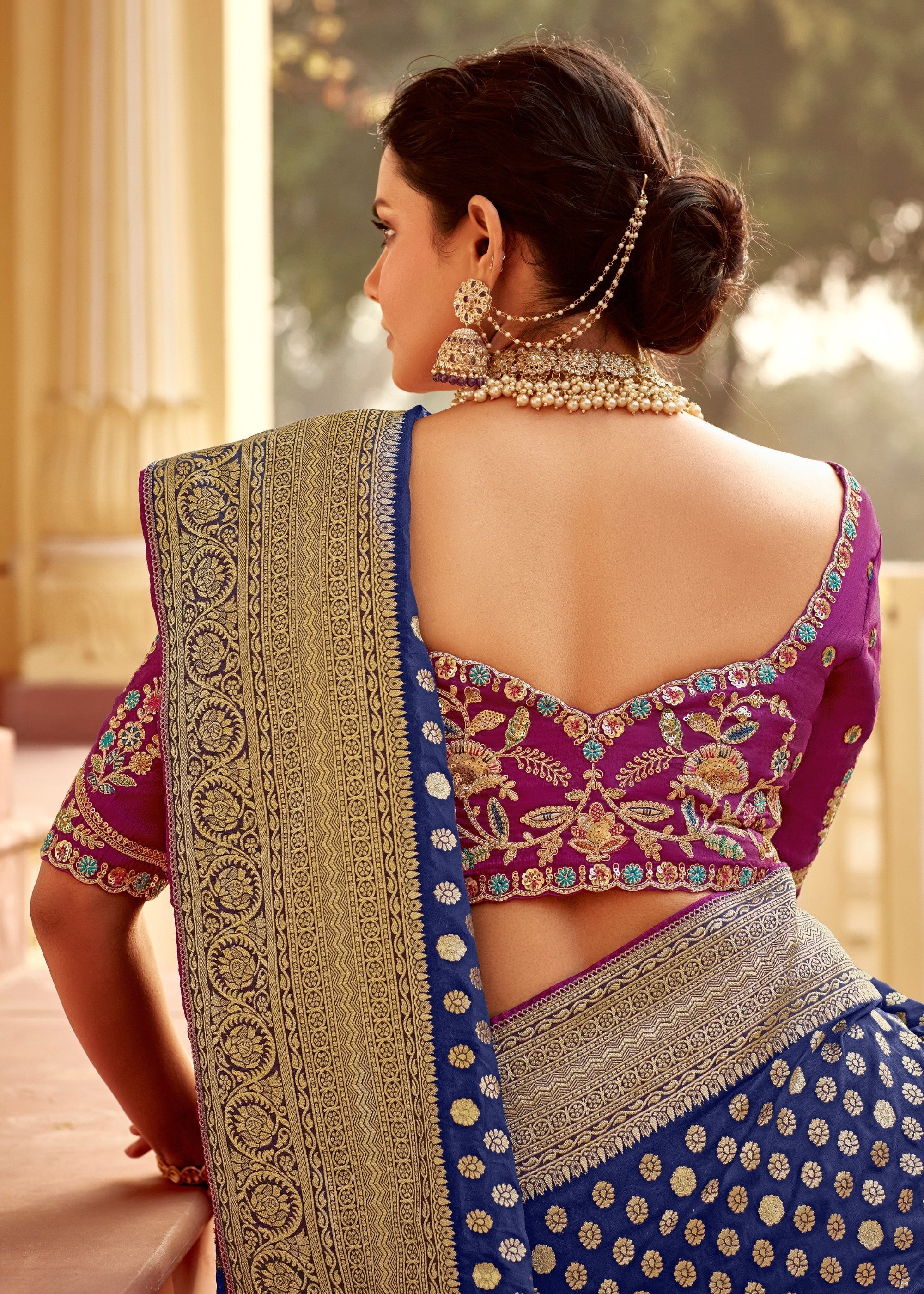 Navy Blue Dola Silk Saree Embellished With Weaving Work And Heavy Embroidered Blouse - qivii