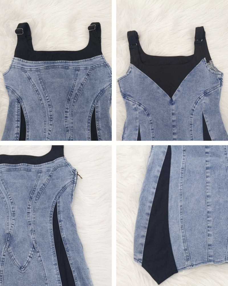 Contrast Color Suspenders Bodycon Mini Denim Dress - By Qivii