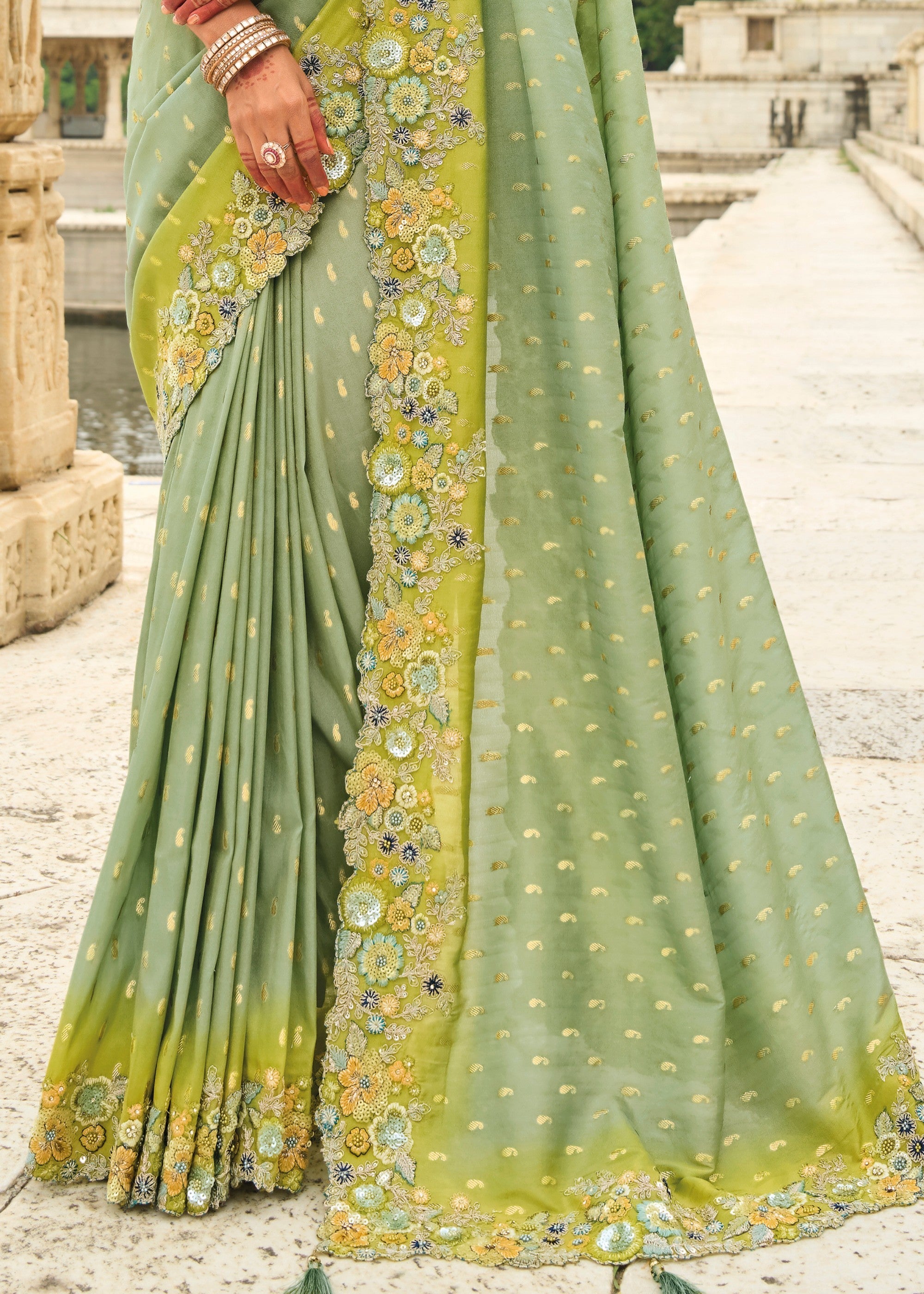 Pistachio Green Viscose Tissue Silk Saree With Embroidery Cut Work Border And Sequence Work - qivii