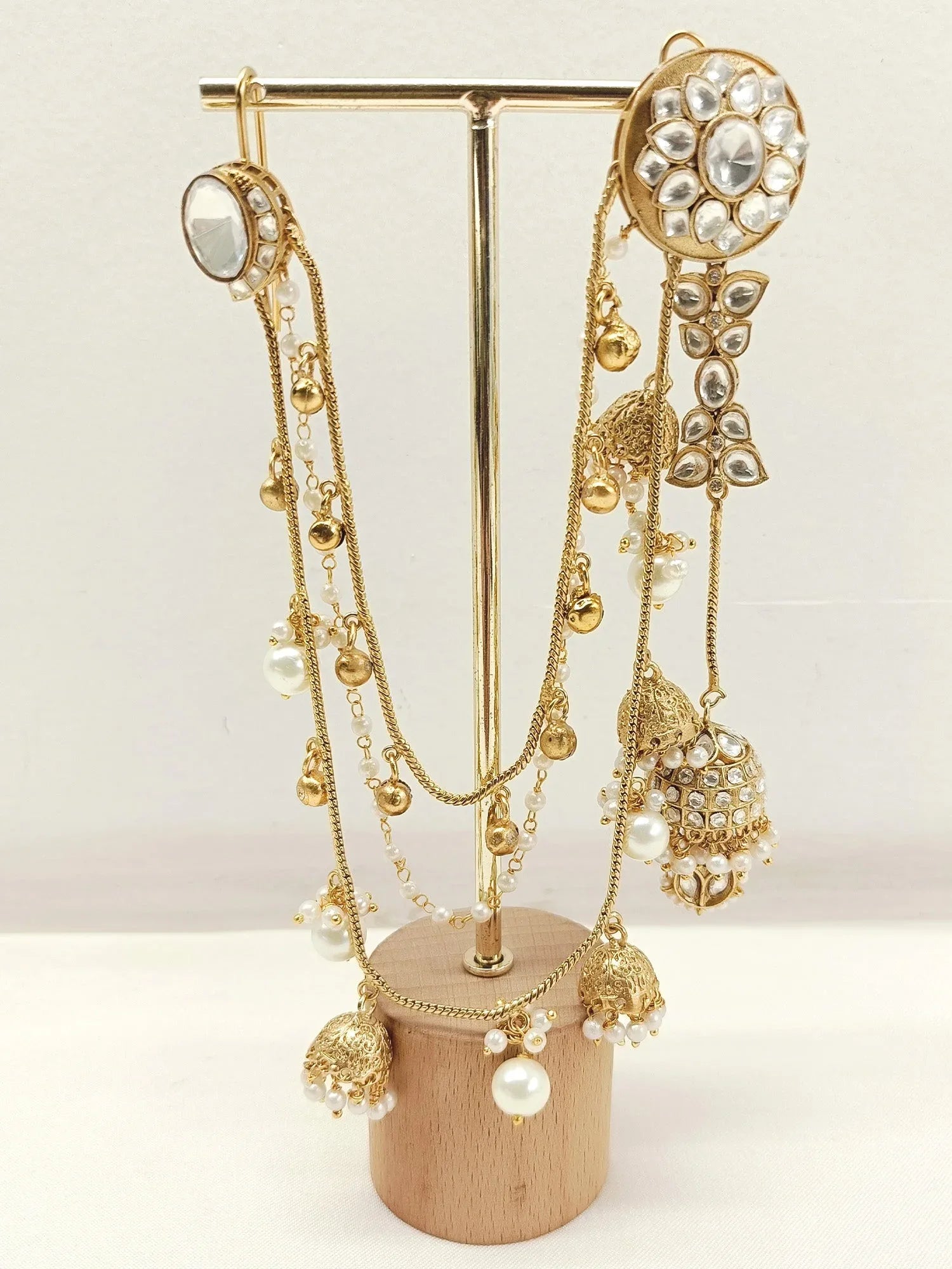 Triguni White Kundan Jhumki With Ear Chain