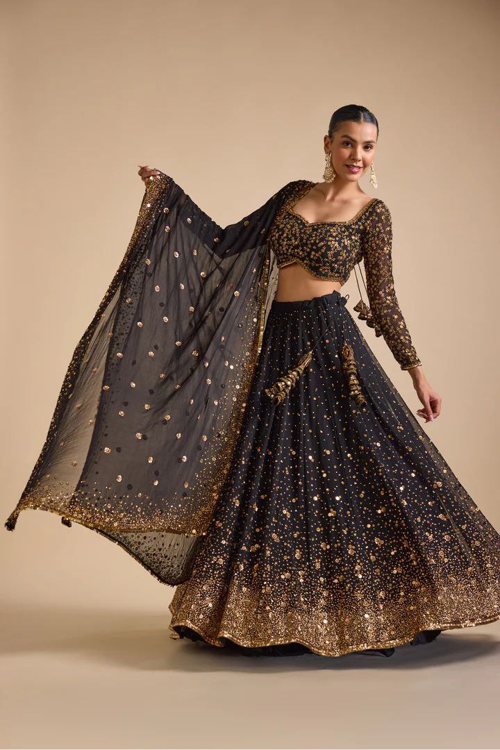 Black Premium Georgette Embellished With Beautiful Embroidery Work , Heavy Sequins Work Lehenga - INSPIRED | Ready To Wear - qivii