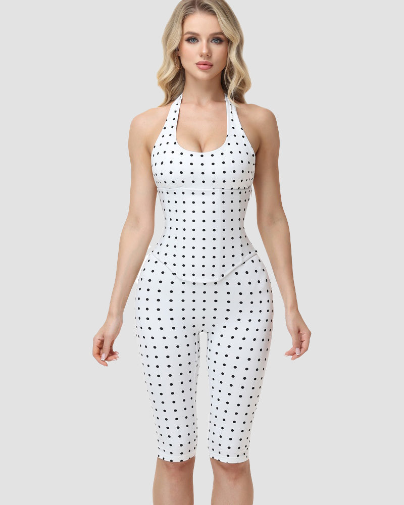 Hourglass Figure Body Shaper Waist Cincher Polka Dot Capri Jumpsuit Two-Piece Set - By Qivii