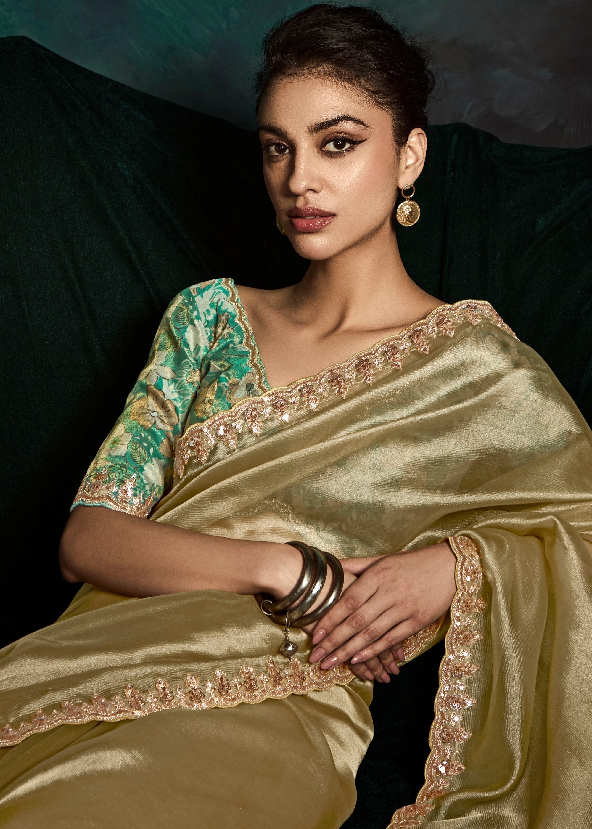 Golden Fancy Fabric Silk Saree With Sequins And Thread Embroidered Butti Work - qivii