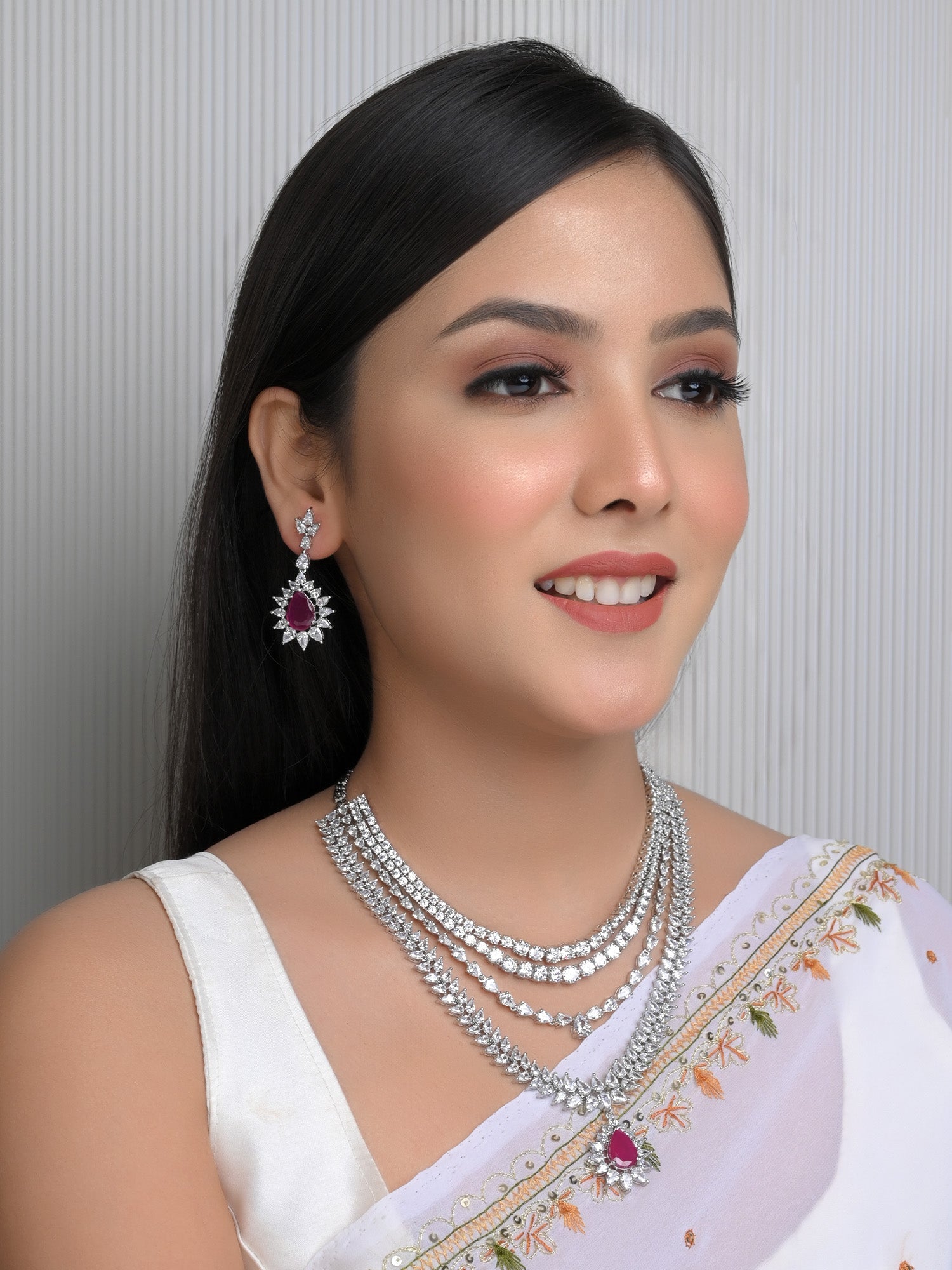 Pallavi Ruby American Diamond Necklace Set - qivii