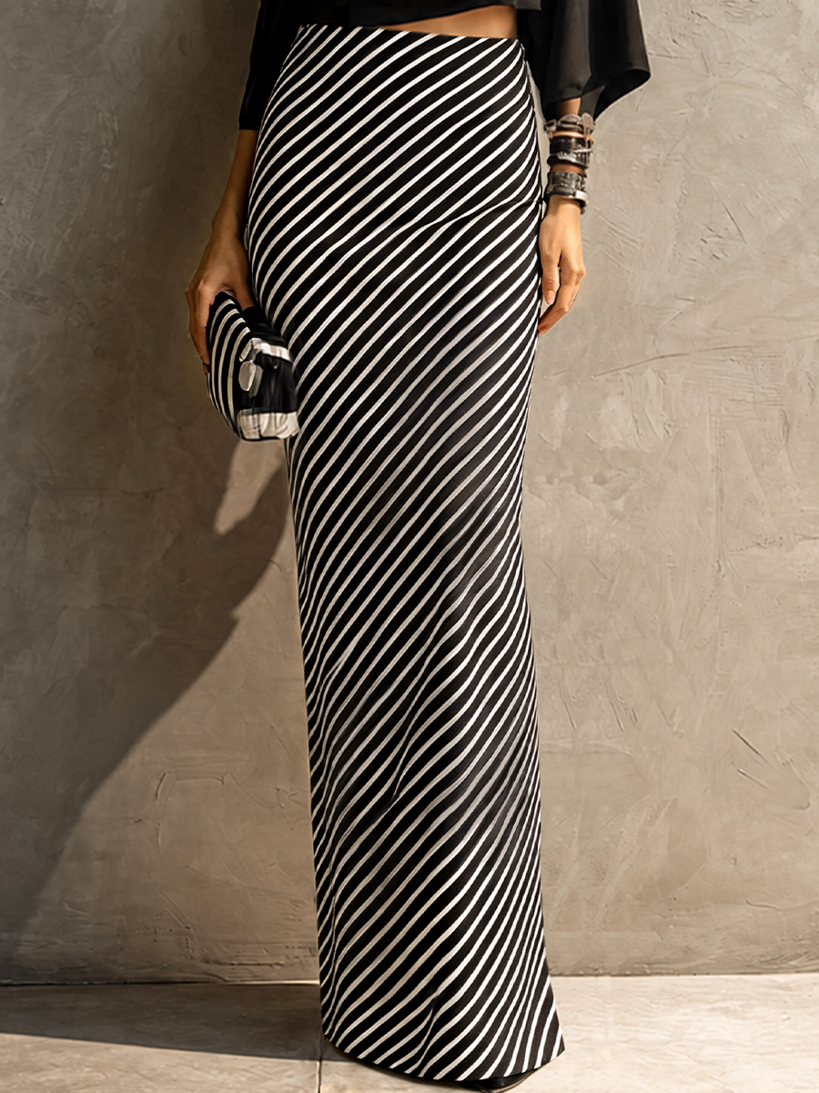 Women's Modern Elegant Black White Knit Cotton Blend One-Shoulder Striped Maxi Skirt Set MDZ2985G7GMJ