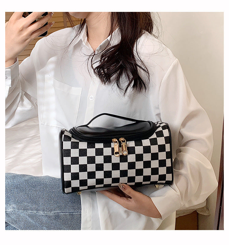Women's Large Checkered Makeup Organizer – Oversized Travel Toiletry Bag with Zippered Pockets & Detachable Strap | Waterproof Patchwork Cosmetic Case