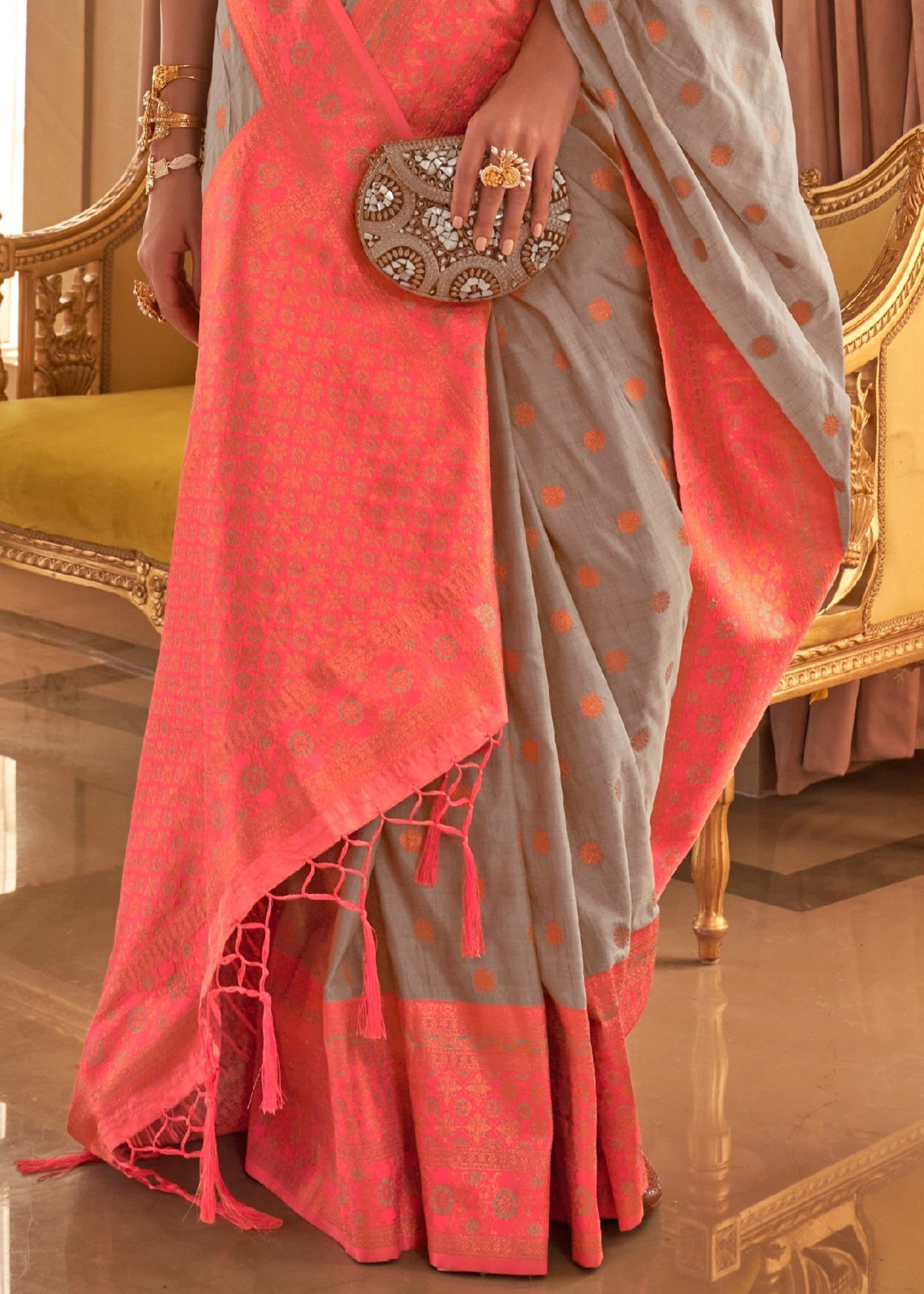 Platinum Grey Bamboo Copper Zari Handloom Weaving Saree - qivii