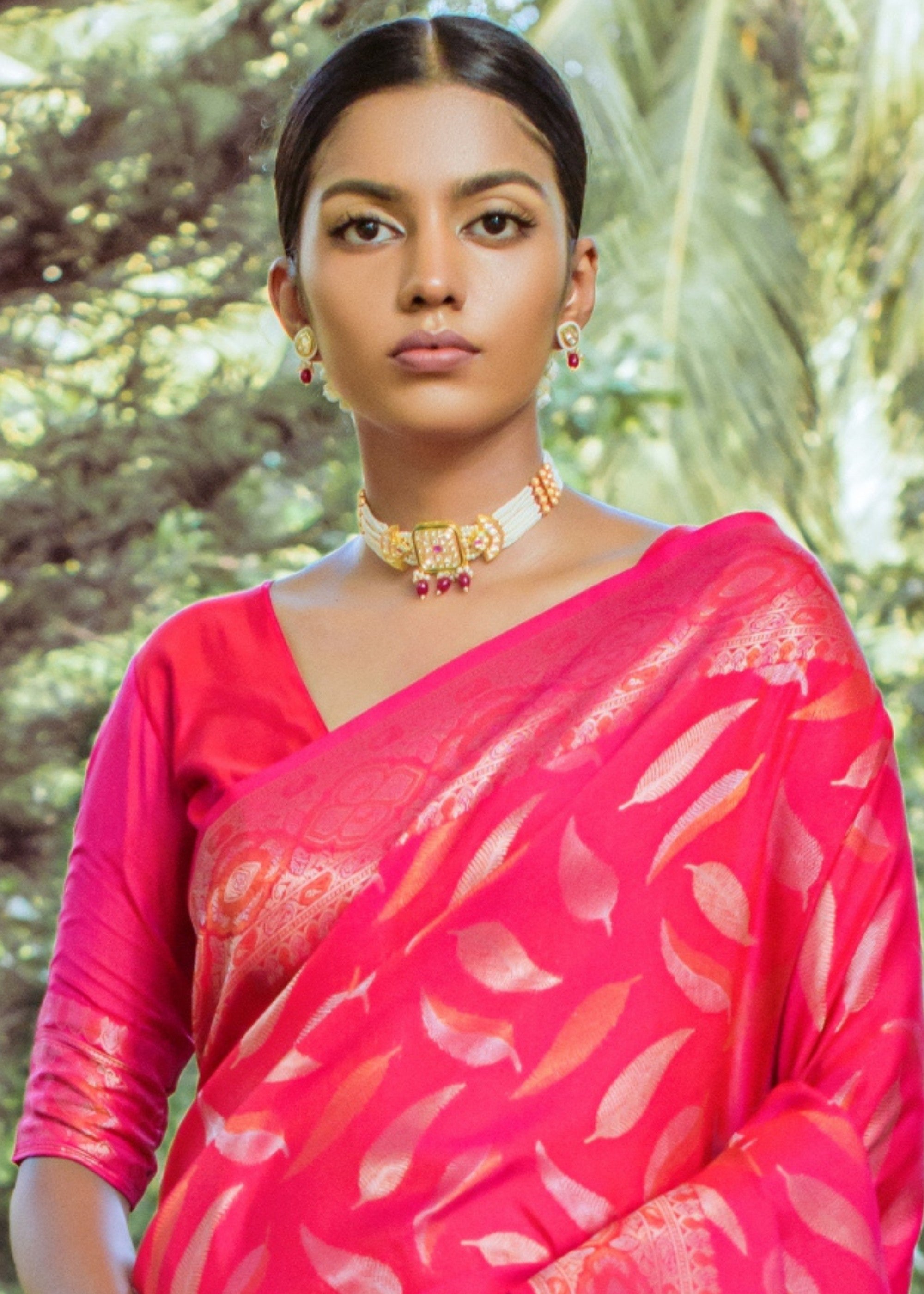 Hot Pink Zari Woven Silk Saree - qivii