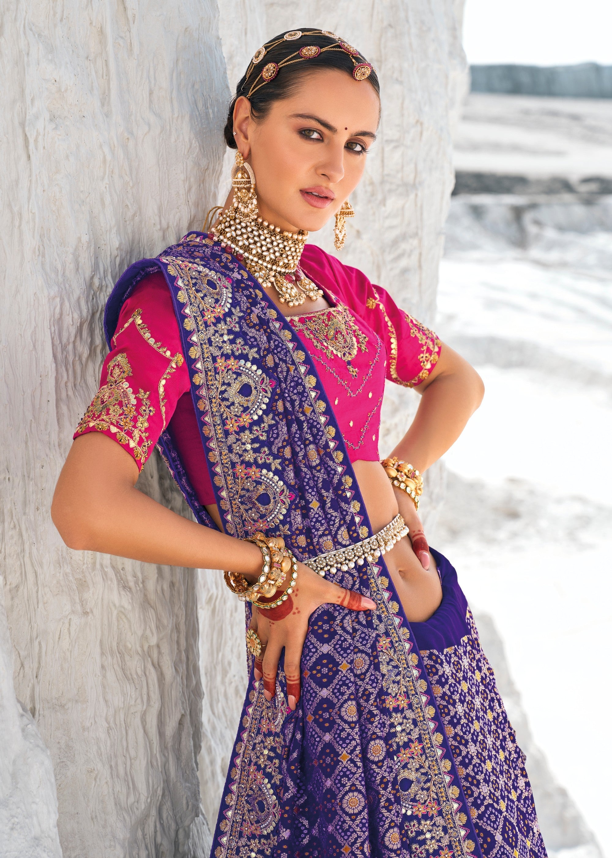 Berry Blue Pure Georgette Bandhani Patola With Zari Weaving Heavy Work Saree - qivii