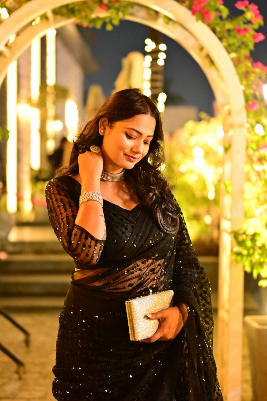 Black Net saree with heavy sequins & thread work - INSPIRED - qivii