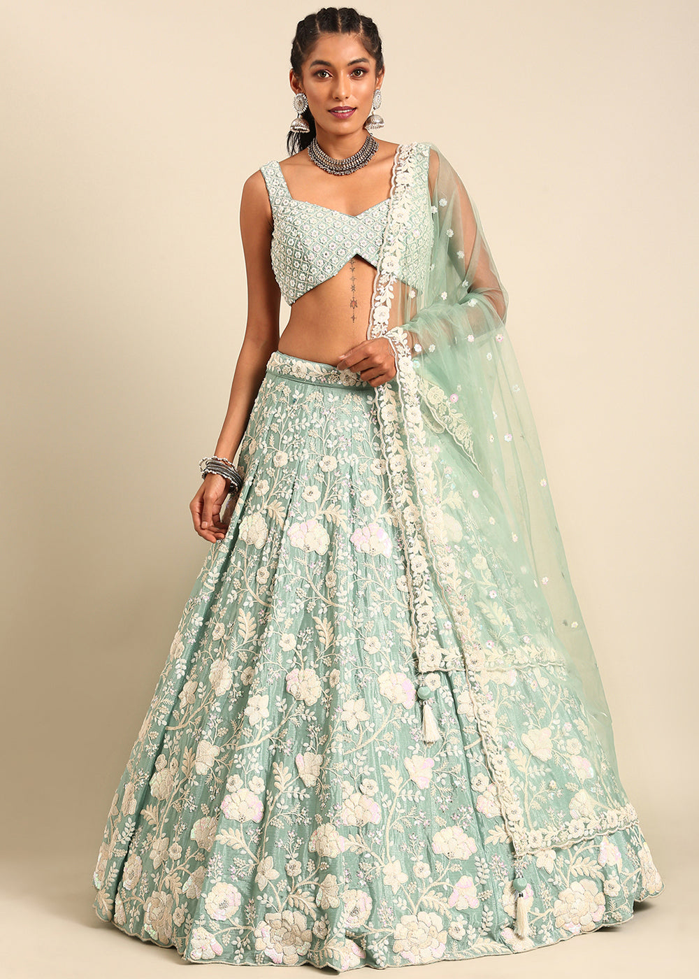 Emerald Green Georgette lehenga Choli with Sequins & Zarkan Embroidery | Ready To Wear - qivii