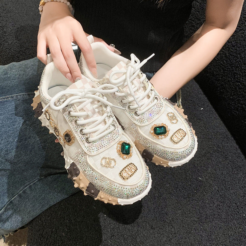 Women’s Lumira Embroidered Letter Mesh Platform Sneakers – Rhinestone Detail Chunky Sole Light Luxury Fashion Sneakers (US 4–10.5)