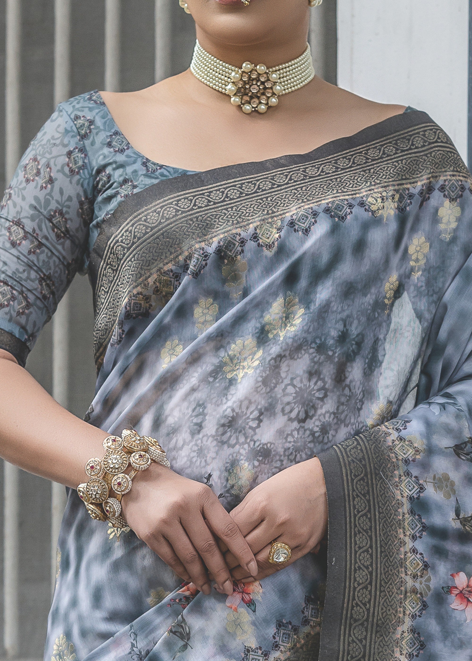 Pigeon Blue Woven Silk Saree - qivii