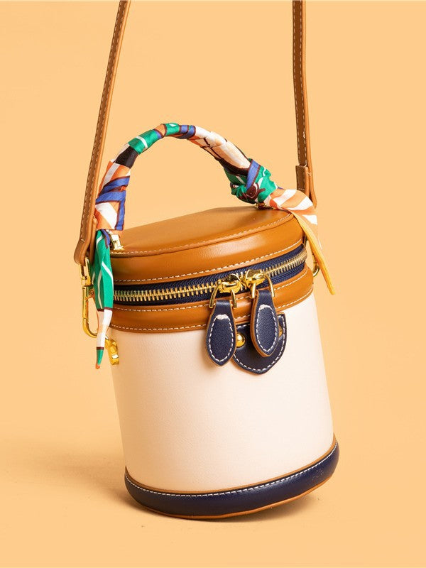 Women's Retro Color-Block Barrel Bag – Mini Cylinder Cosmetic Case with Detachable Silk Scarf & Chain Strap