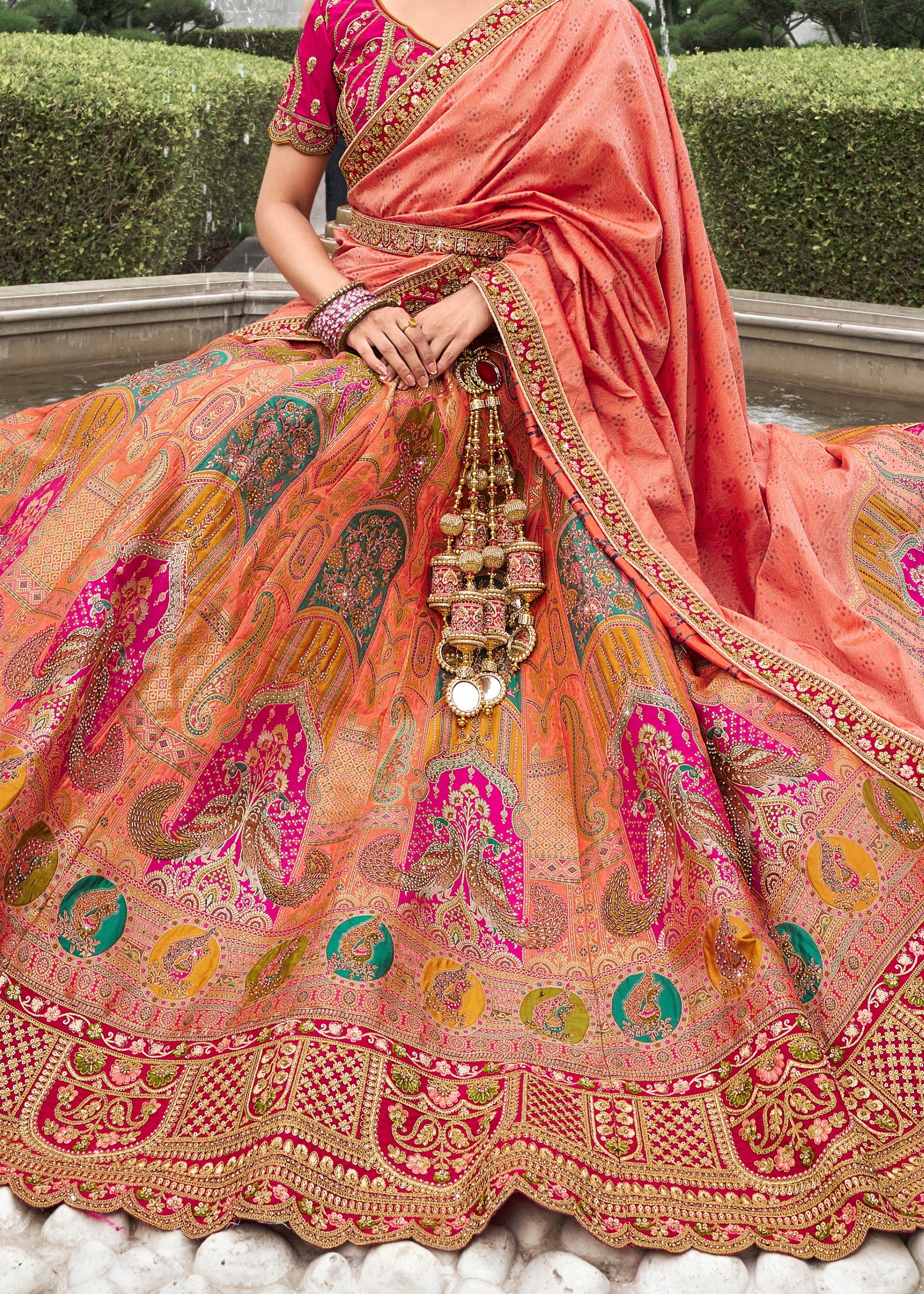 Orange & Pink Banarasi Silk Lehenga with Zarkan Codding work | Ready To Wear - qivii