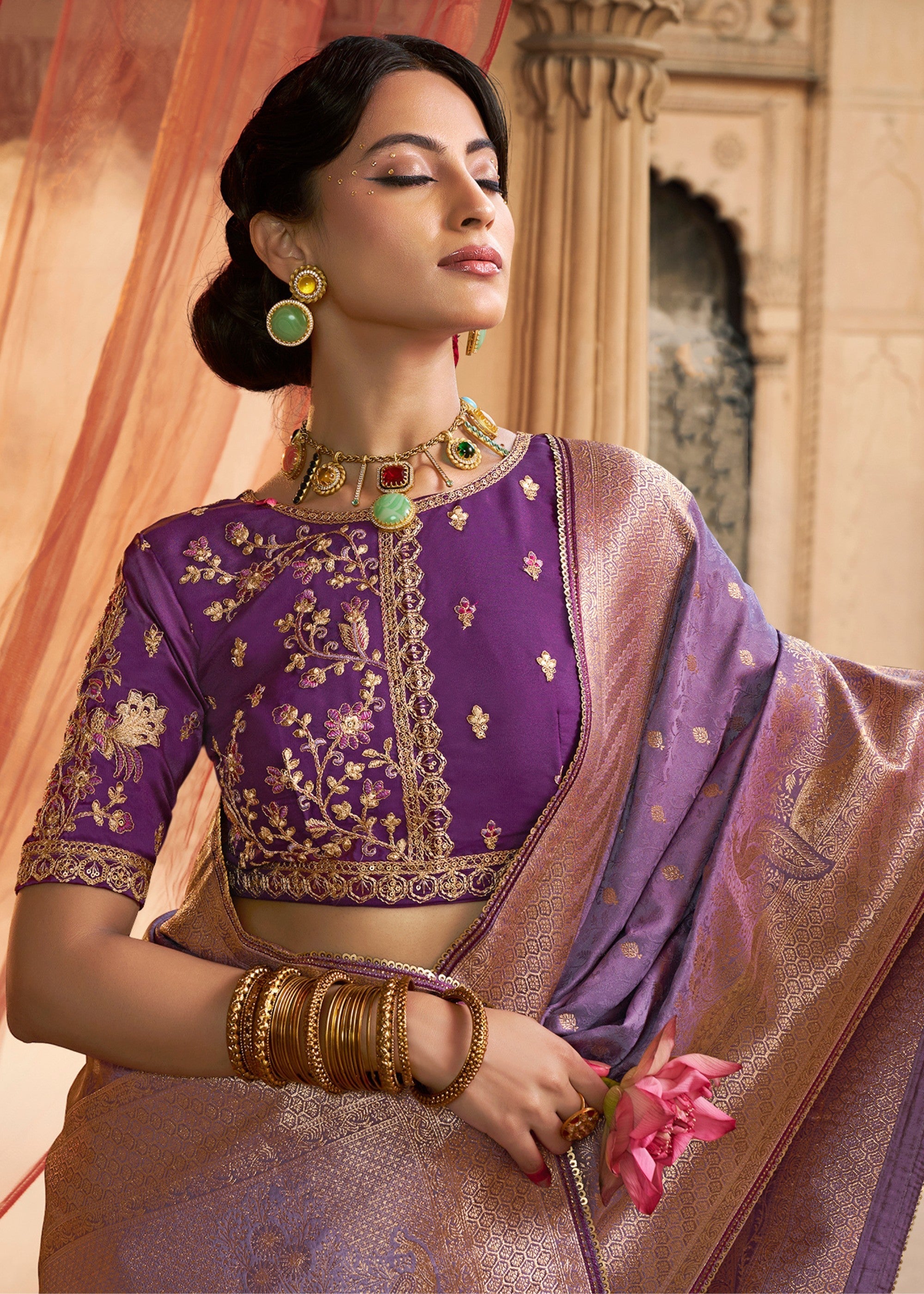Amethyst Purple Satin Silk Saree With Beautiful Lace Border And Heavy Designer Embroidered Blouse - qivii
