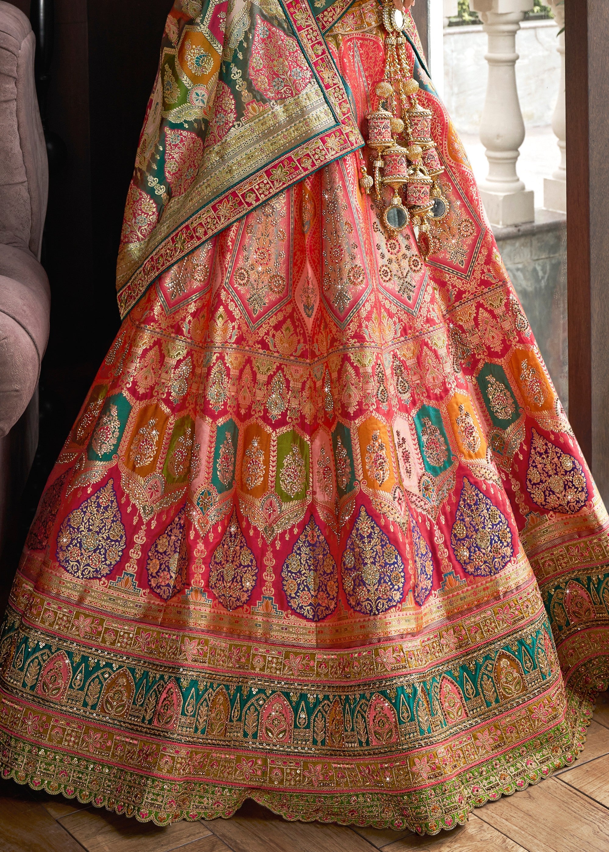 Jade Green & Pink Banarasi Silk Lehenga with Zarkan Codding work | Ready To Wear - qivii