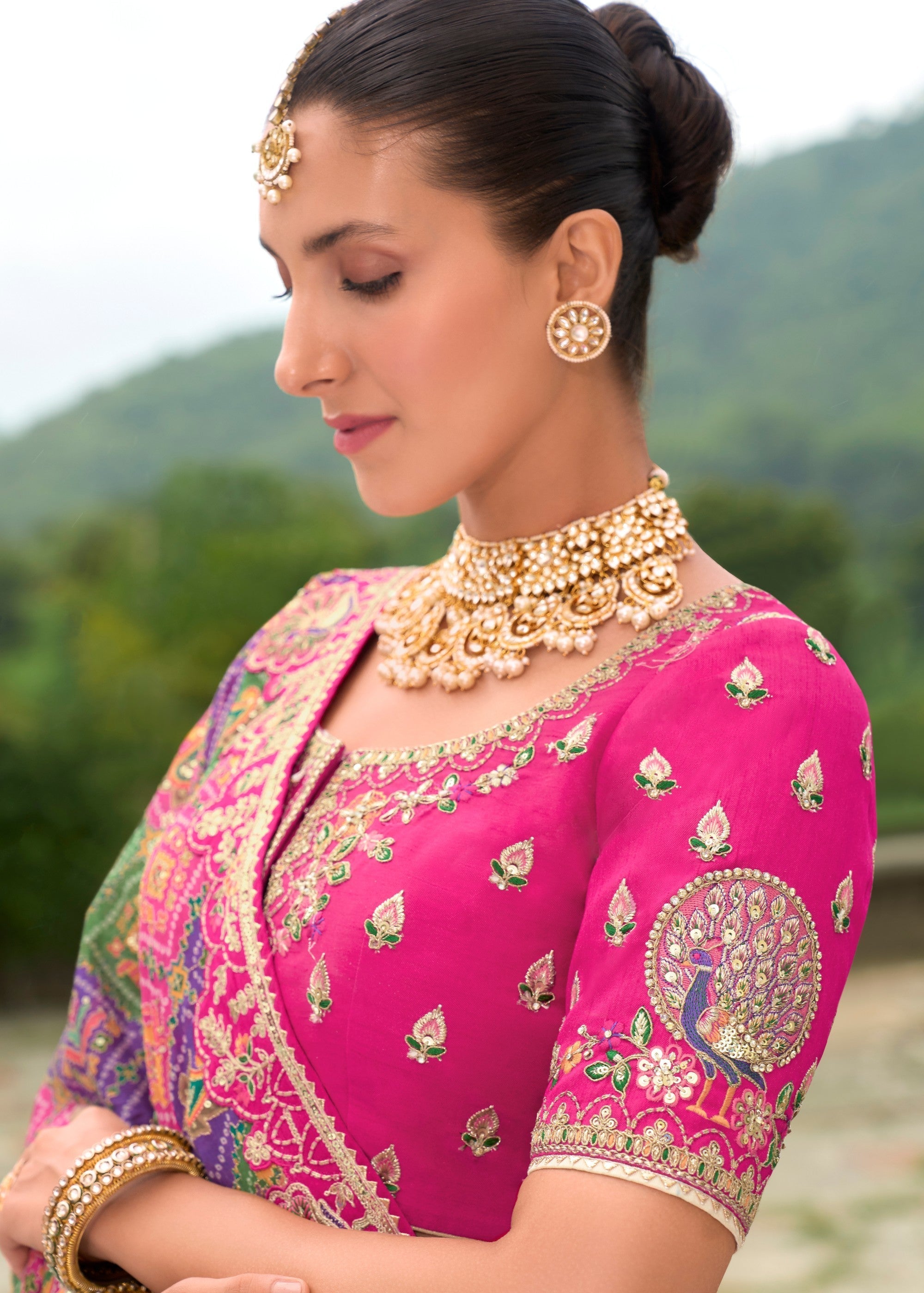 Pink And Cream Banarasi Silk Lehenga With Heavy Embroidery Work | Ready To Wear - qivii