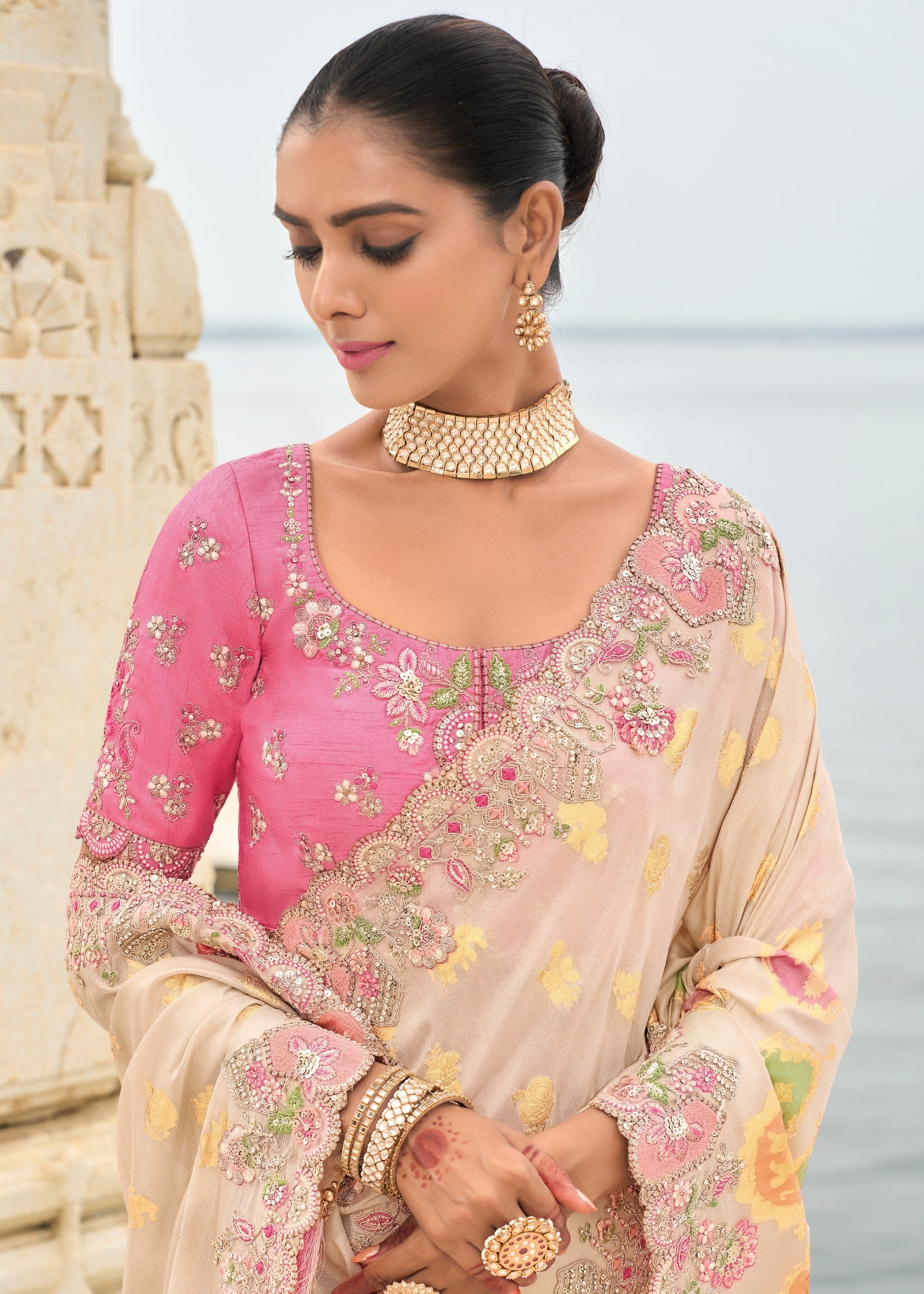 Off White Viscose Tissue Silk Saree With Embroidery Cut Work Border And Sequence Work - qivii