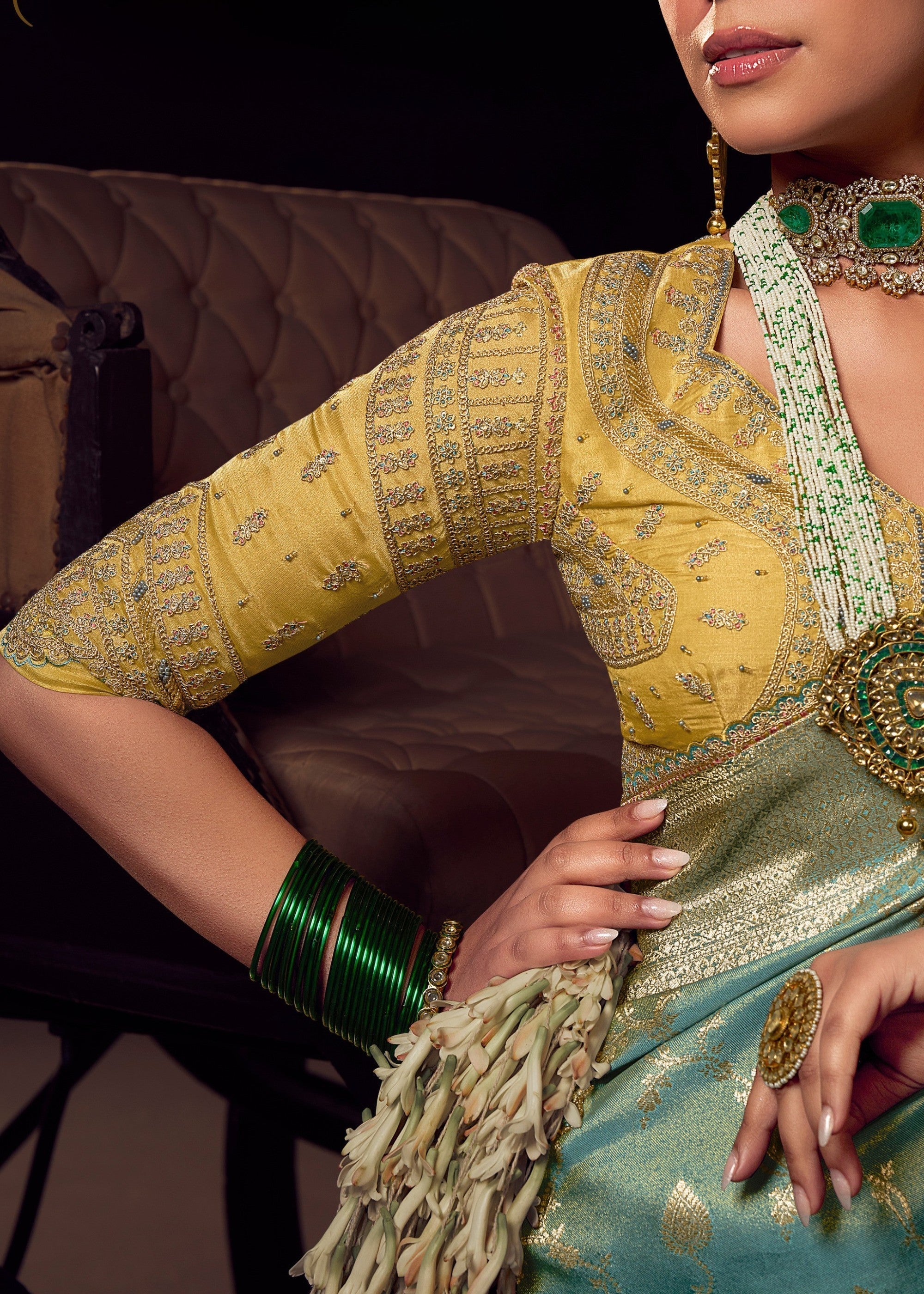 Frost Blue Viscose Tissue Silk Saree with Handworked Pallu And Contrast Designer Blouse - qivii