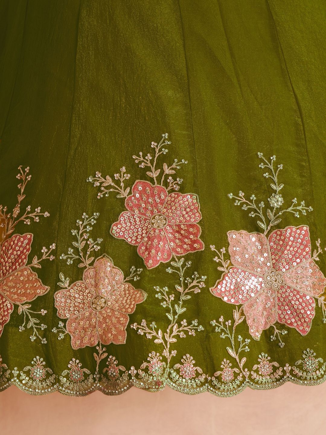 Elegant Floral Green Embroidered Tissue Lehenga Choli Set