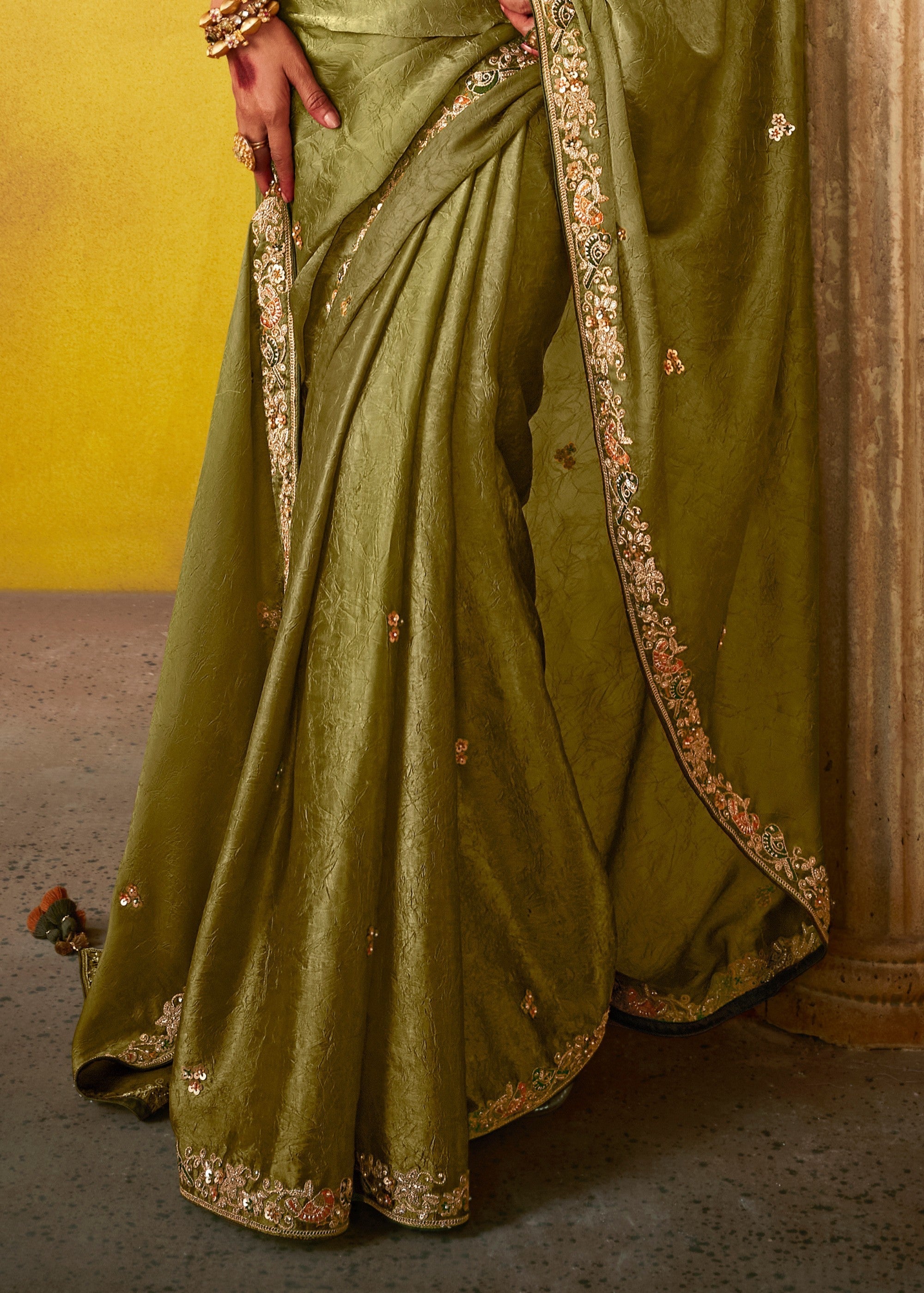 Olive Green Glass Tissue Silk Saree With Sequins And Thread Embroidered Work - qivii