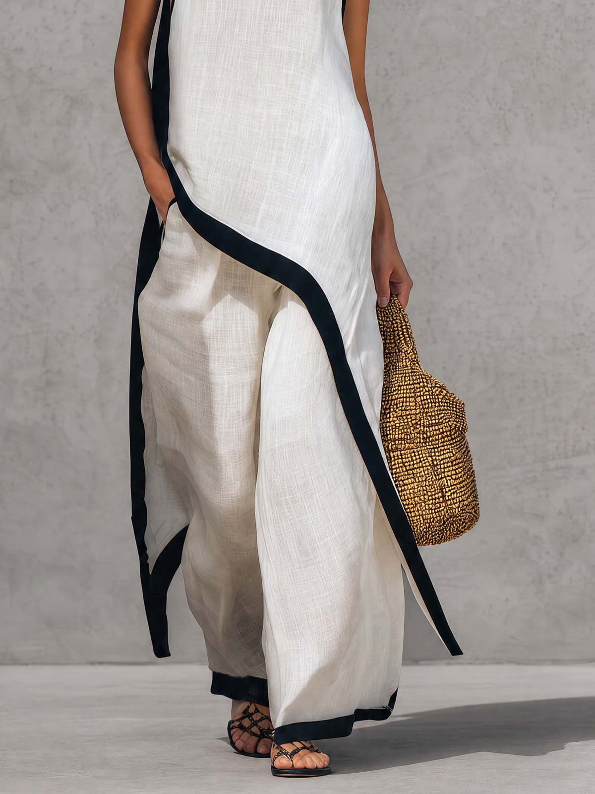 Temperament Casual Hooded White Black Trim White Cotton And Linen Asymmetrical Long Top And Pants Set - By Qivii