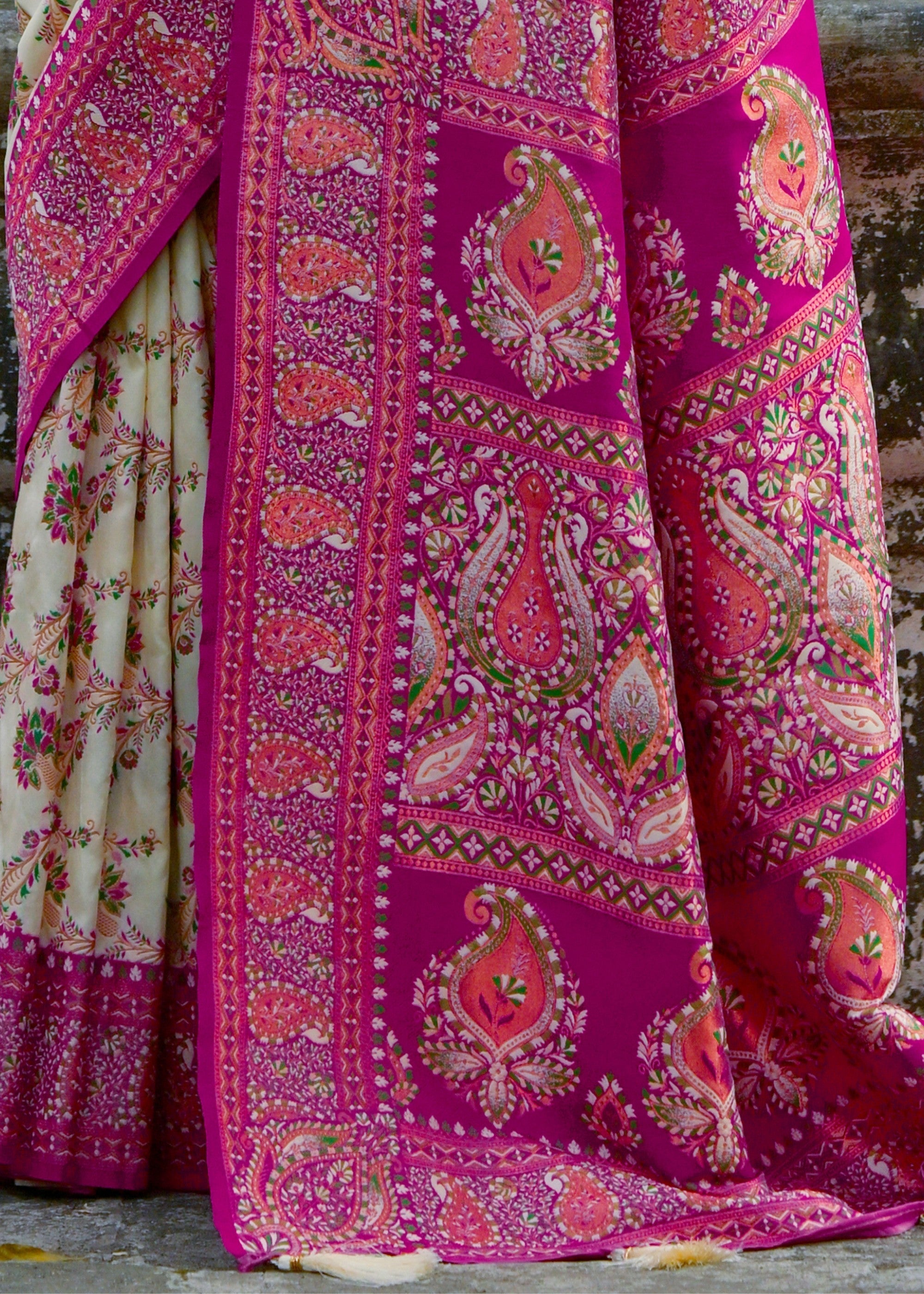 Cream White Thread Woven Pashmina Silk Saree With Heavy Thread Woven Pallu - qivii