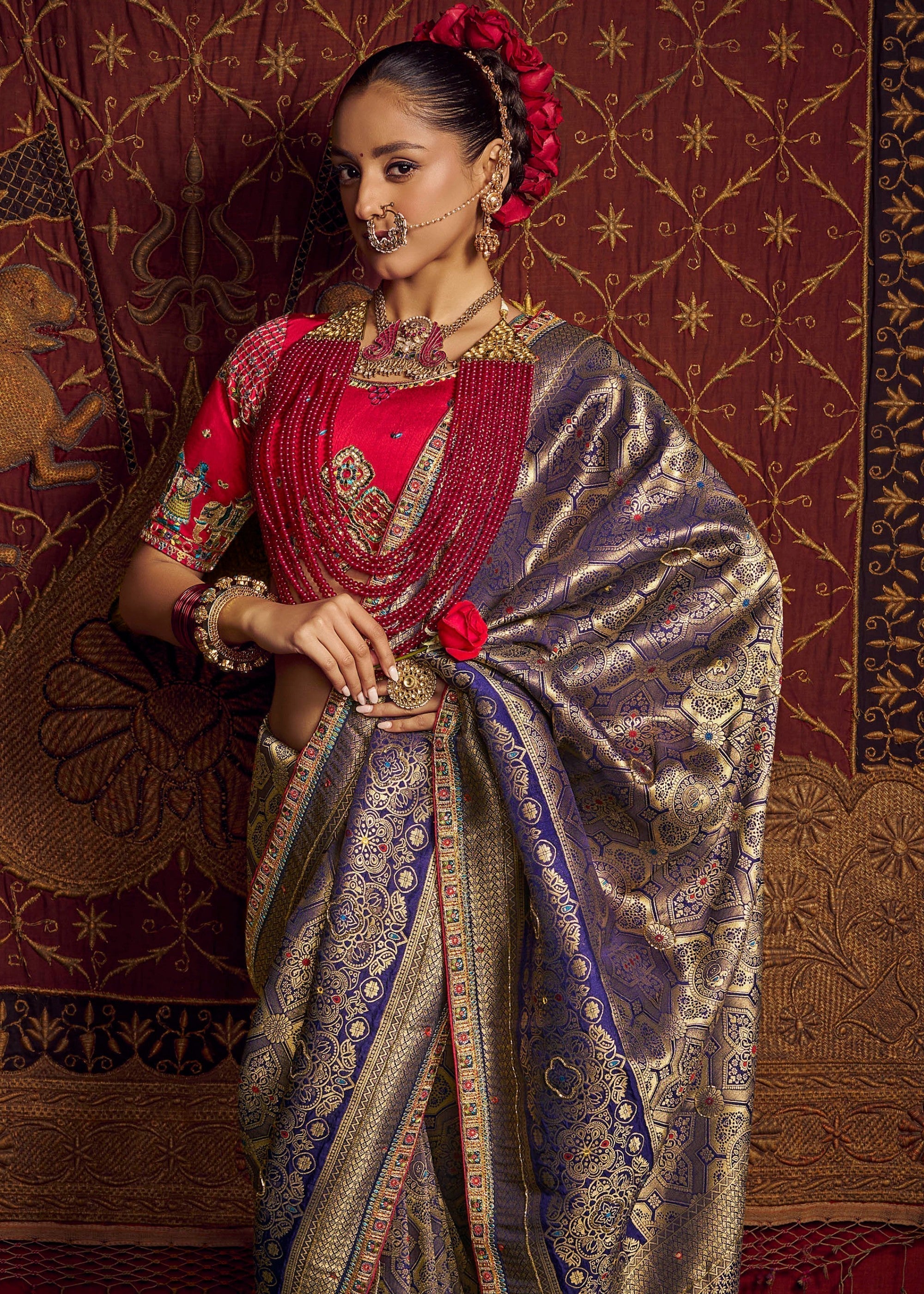 Royal Blue Pure Viscose Dola Silk Saree With Handwork On Blouse And Pallu - qivii