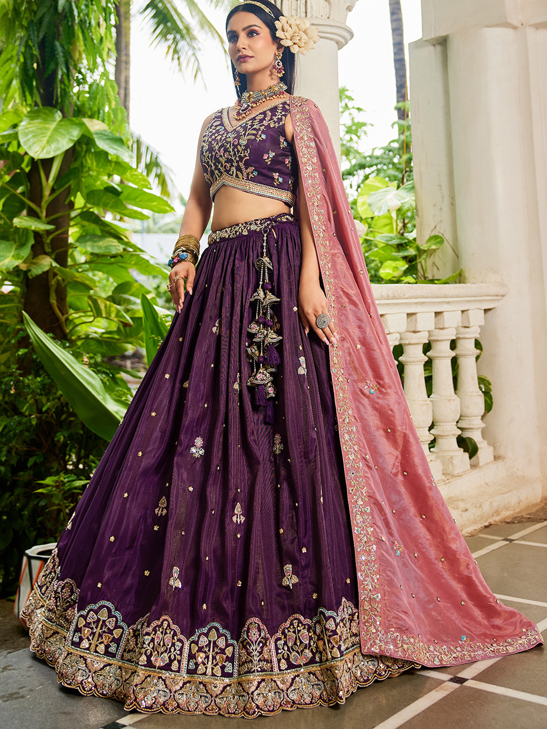 Burgundy - Satin Sequinse embroidery Semi-Stitched Lehenga choli & Dupatta - qivii