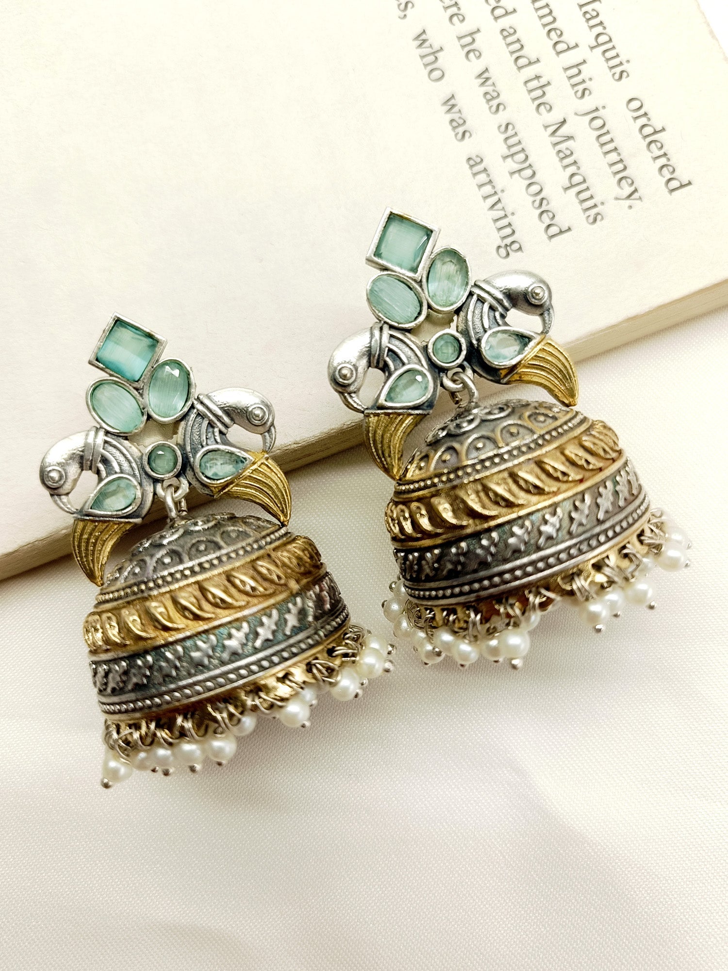 Lintang Mint Green Peacock Oxidized Jhumki - qivii