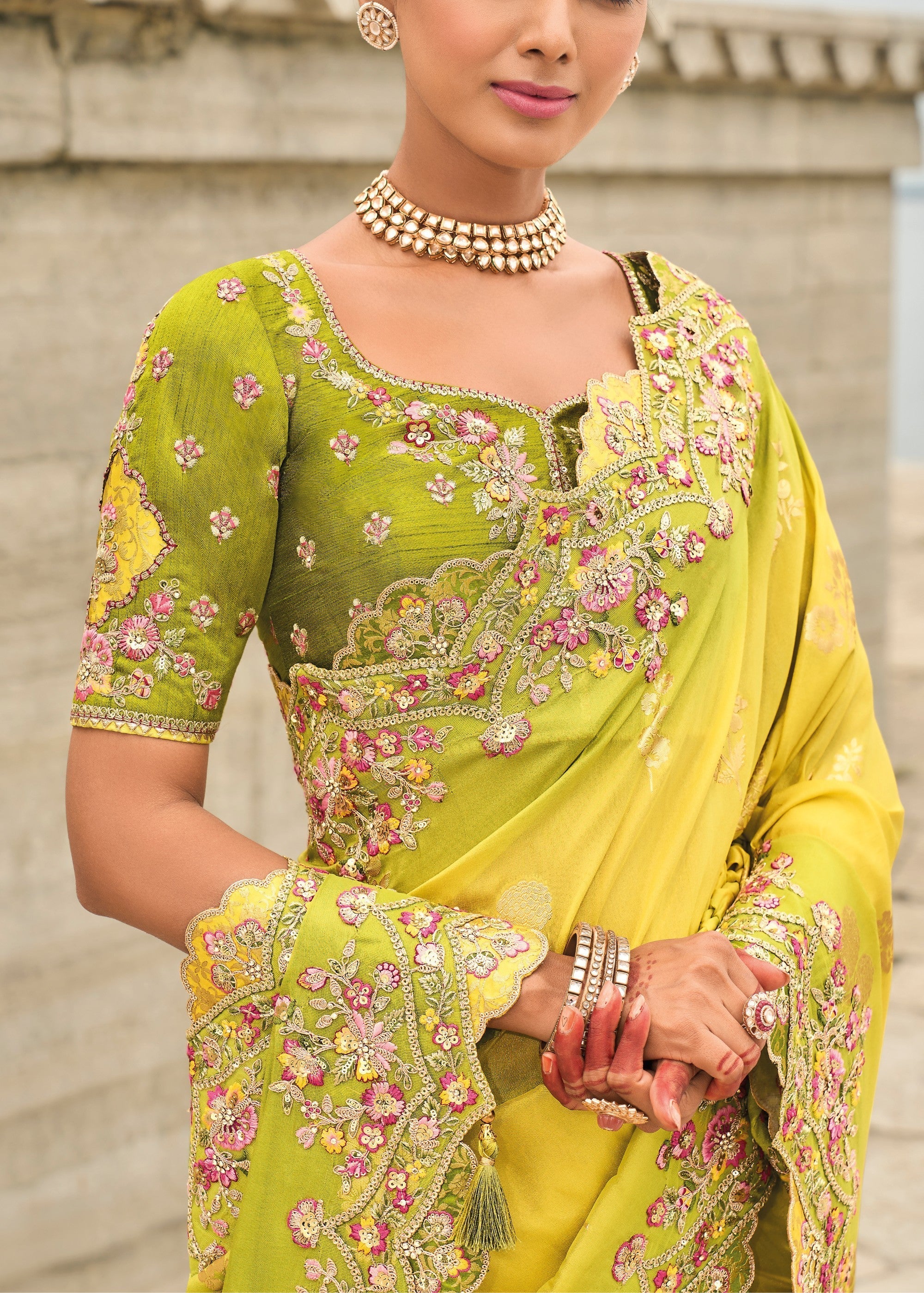 Bright Yellow Viscose Tissue Silk Saree With Embroidery Cut Work Border And Sequence Work - qivii