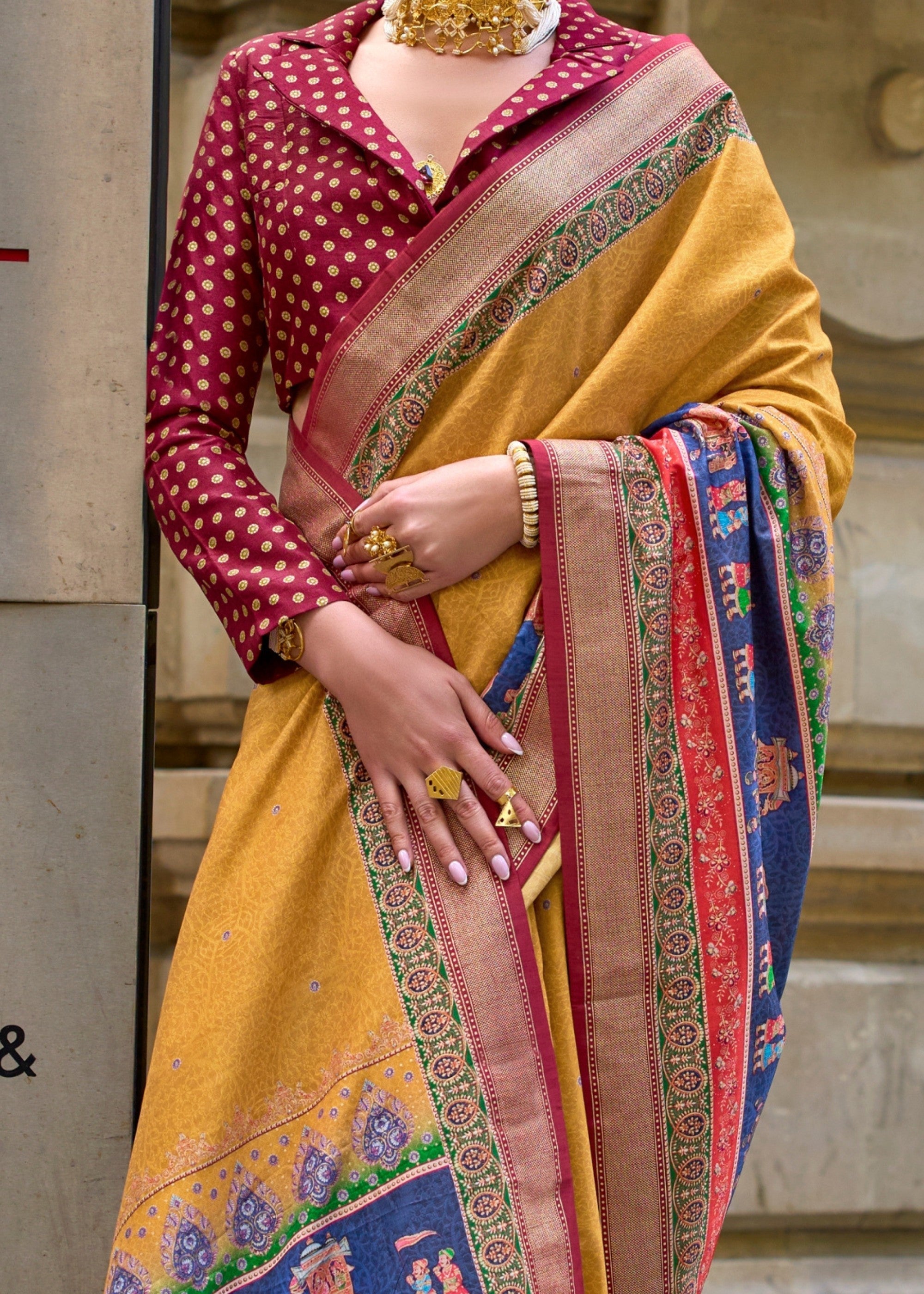 Amber Yellow Poly Viscose Silk Saree With Foil Print - qivii