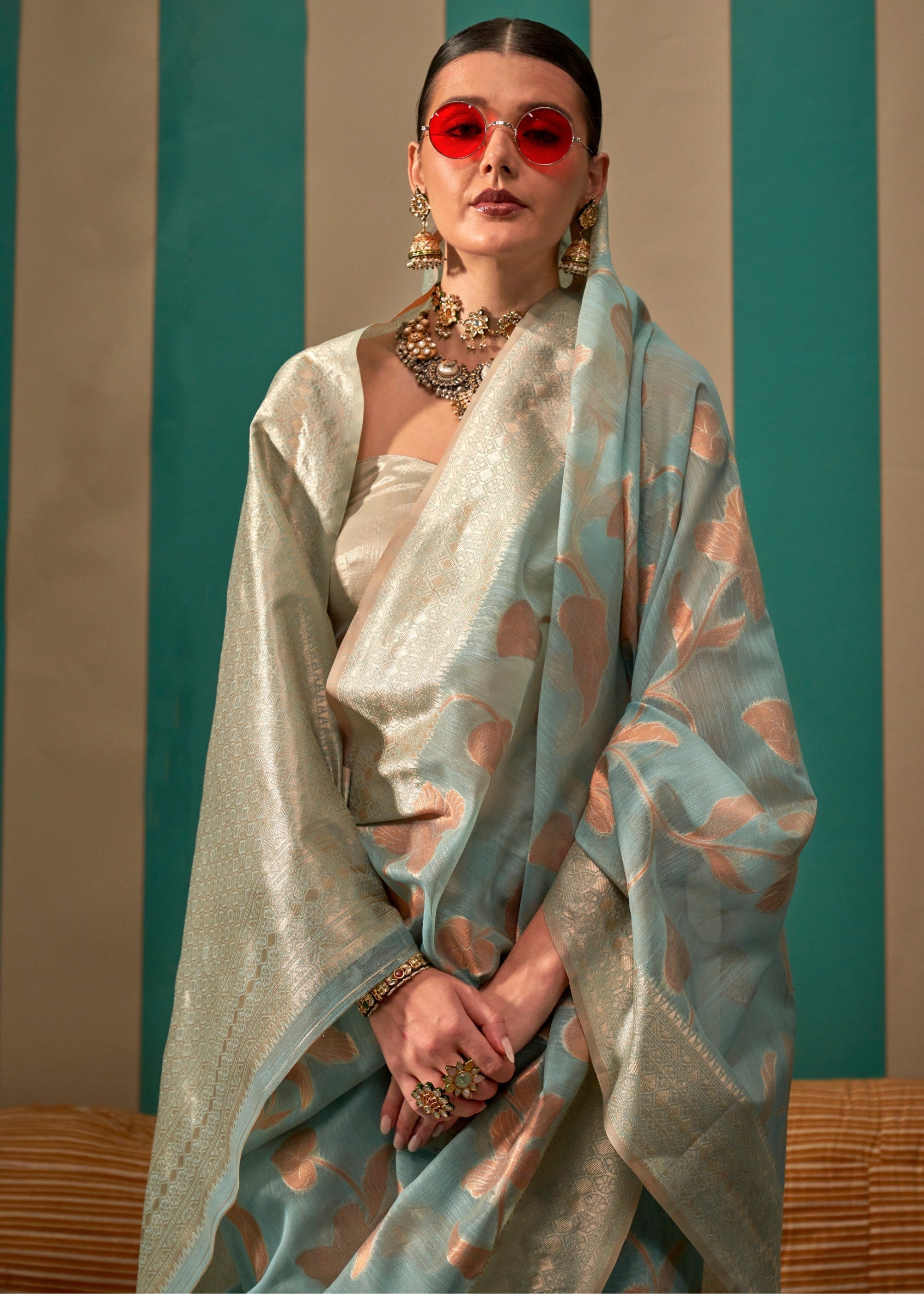 Light Blue Handloom Weaving Linen Saree - qivii
