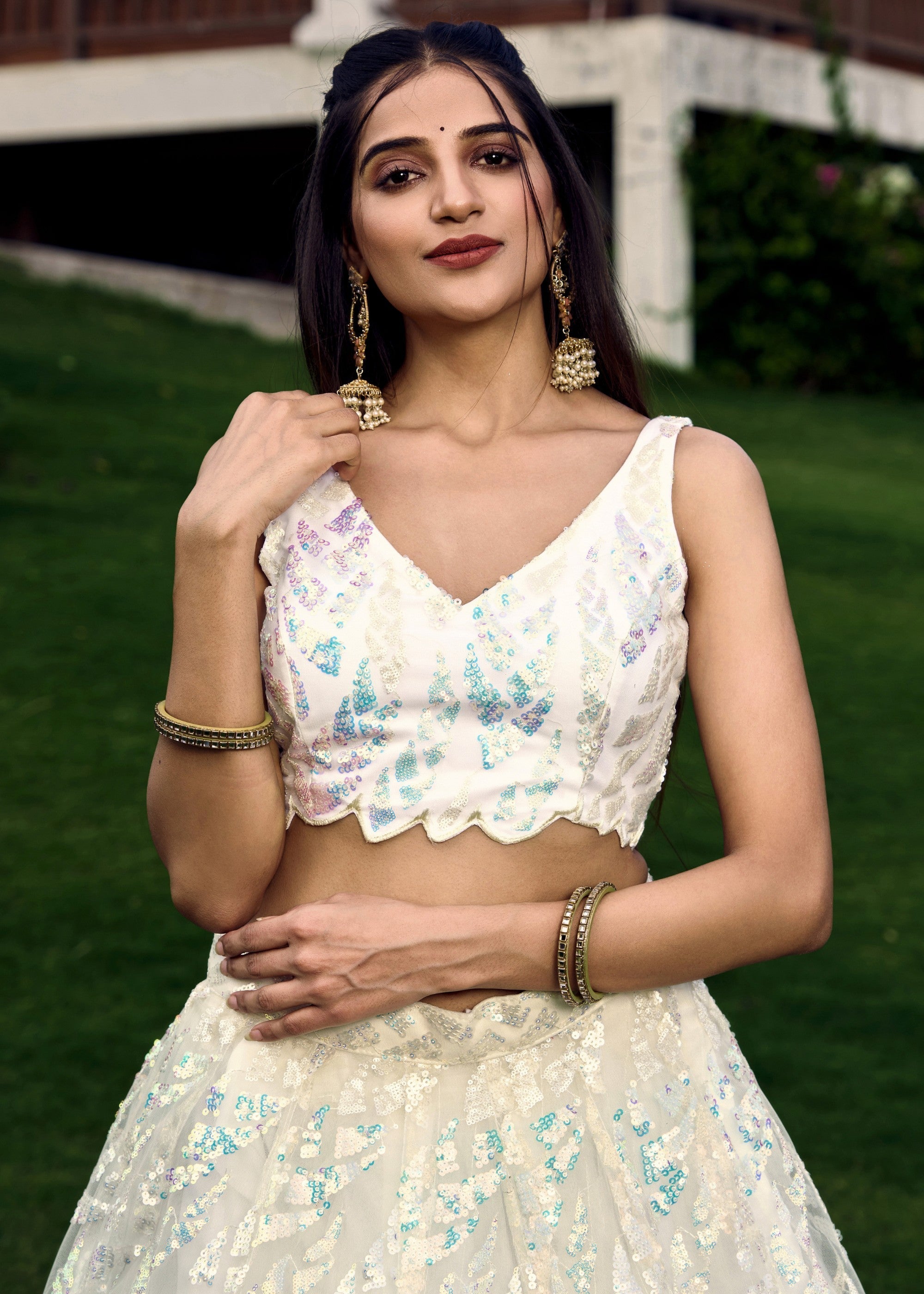 Snow White Net Lehenga Choli With Multiple Sequins And Thread Embroidery Work | Ready To Wear - qivii