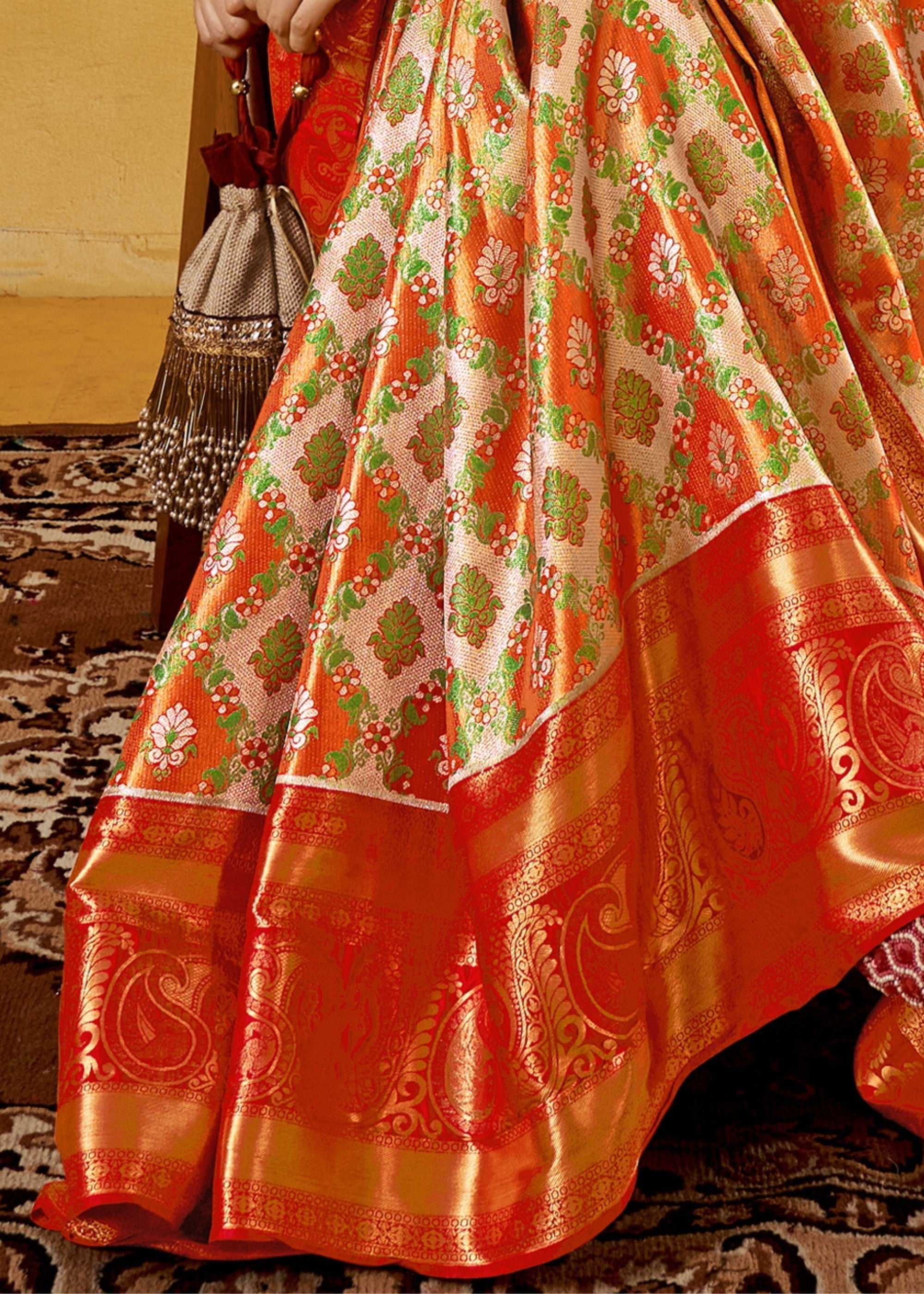 Orange Handloom Dharamavaram Silk Saree - qivii