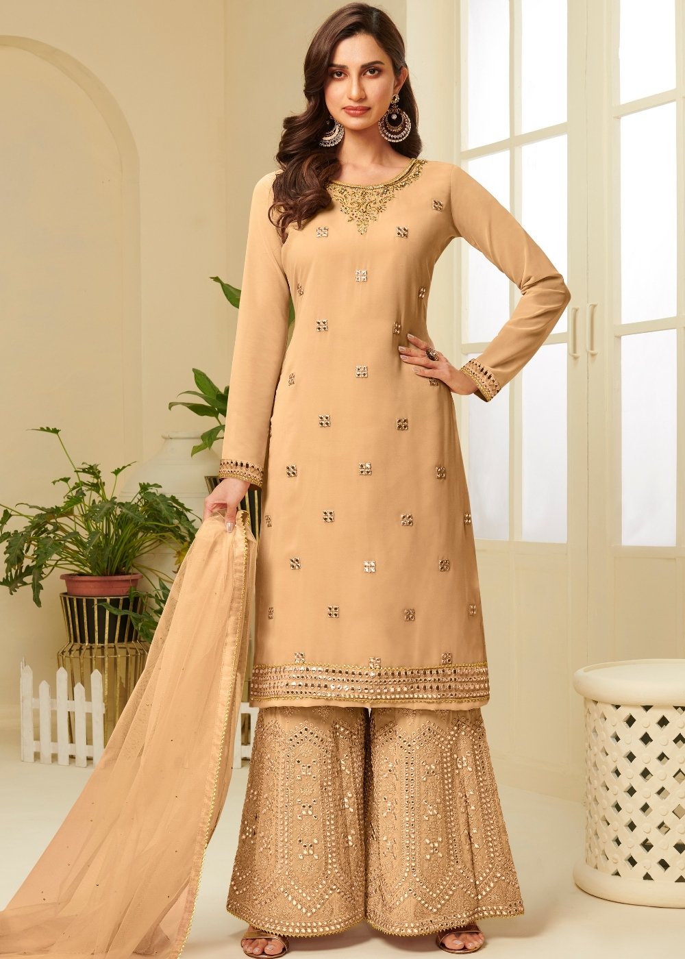 Mustard Yellow Georgette Sharara Suit with Gota work & Embroidery - qivii