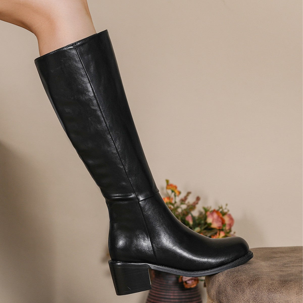 Women’s Valenne Square Toe Knee High Boots - Classic Chunky Heel Side Zip Riding Boots (US 4-10.5)