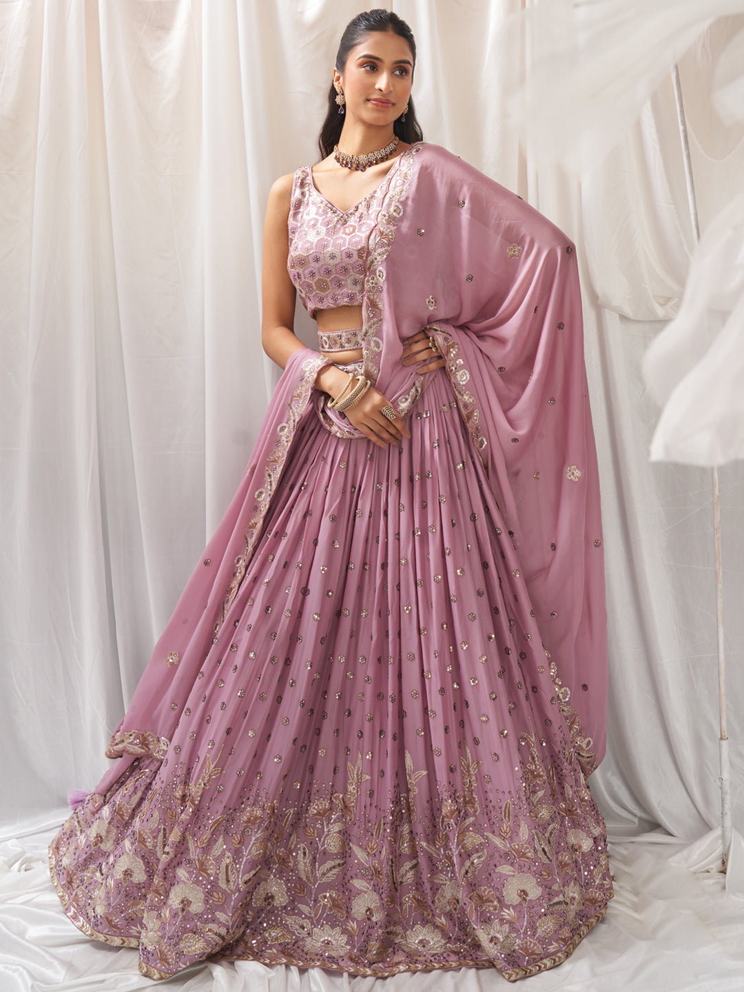 Rosegold - Golden Dull-Bright Sequin,Golden-Sliver Threaded Embroidered Georgette Semi-Stitched Lehenga choli - qivii