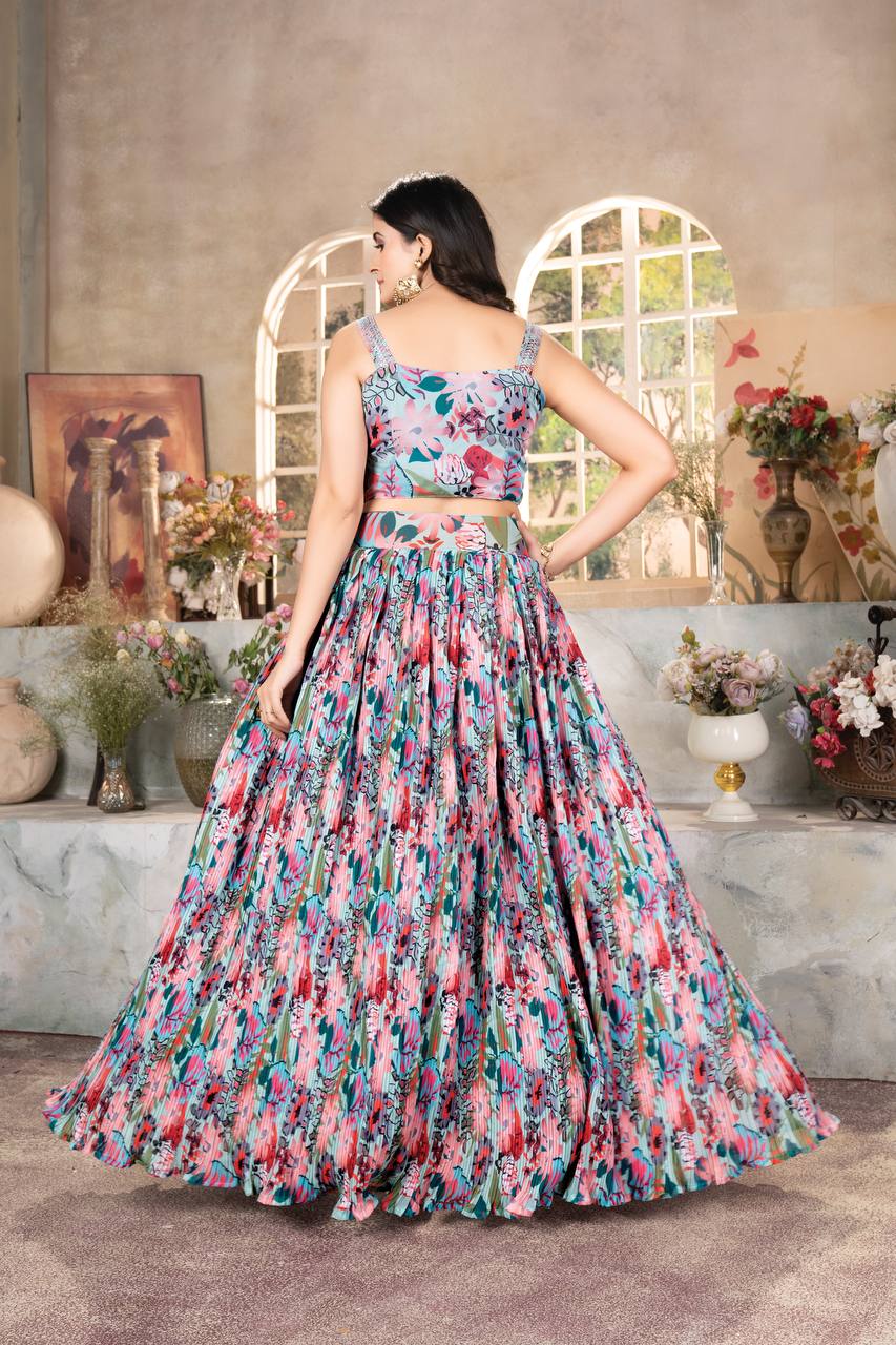 MULTI COLOR SOFT TABBY ORGENZA WITH DIGITAL PRINT WITH CRUISE PATTERN DESIGNE WORKLEHENGA - INSPIRED | Ready To Wear - qivii