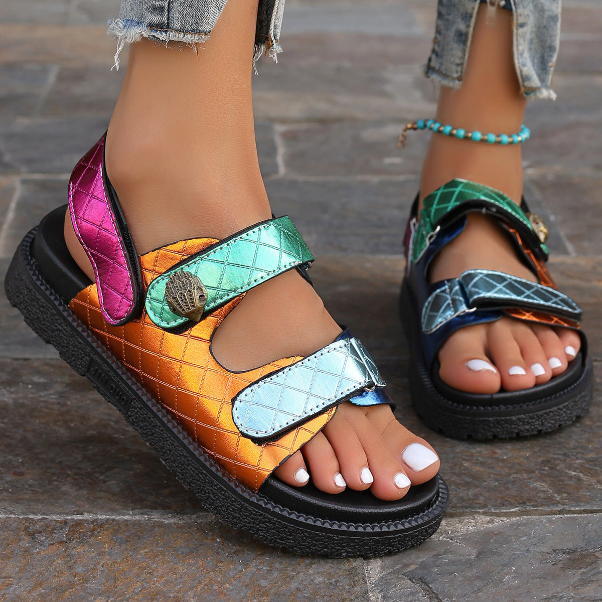 Women's Eagle-Glow Plus Size Beach Sandals - Bold Platform & Diamond Velcro Strap | Color Burst Design